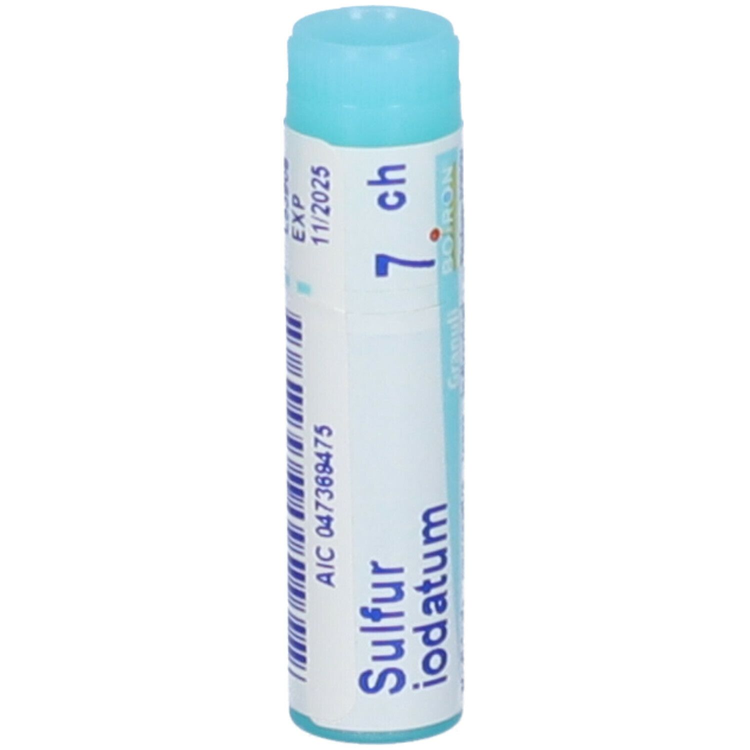 Confezione cilindrica, blu. Scritta: Sulfur iodatum 7 ch, EXP 11/2025, AIC 047369475.