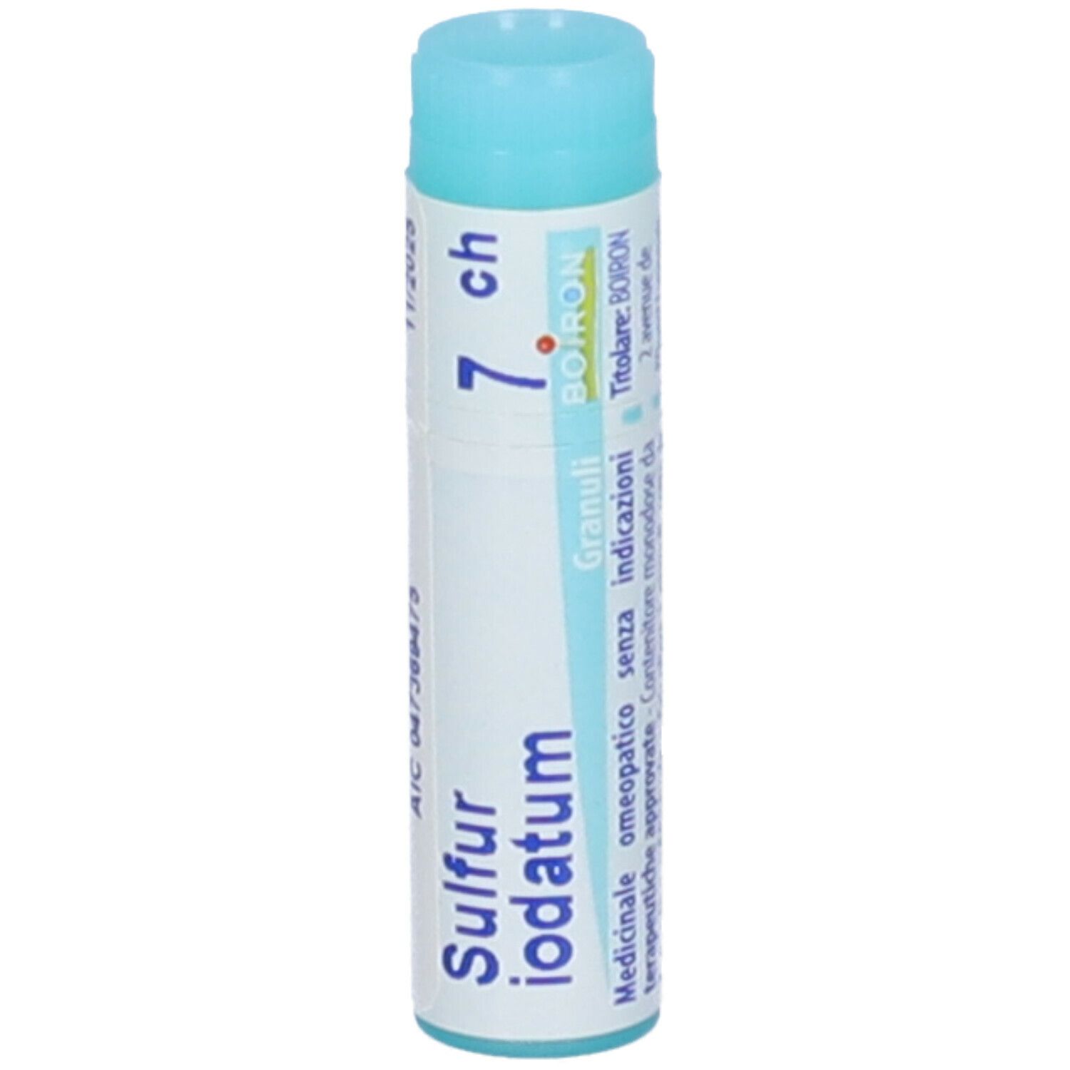 Confezione cilindrica blu. Scritta: Sulfur iodatum 7 ch, Granuli, BOIRON.