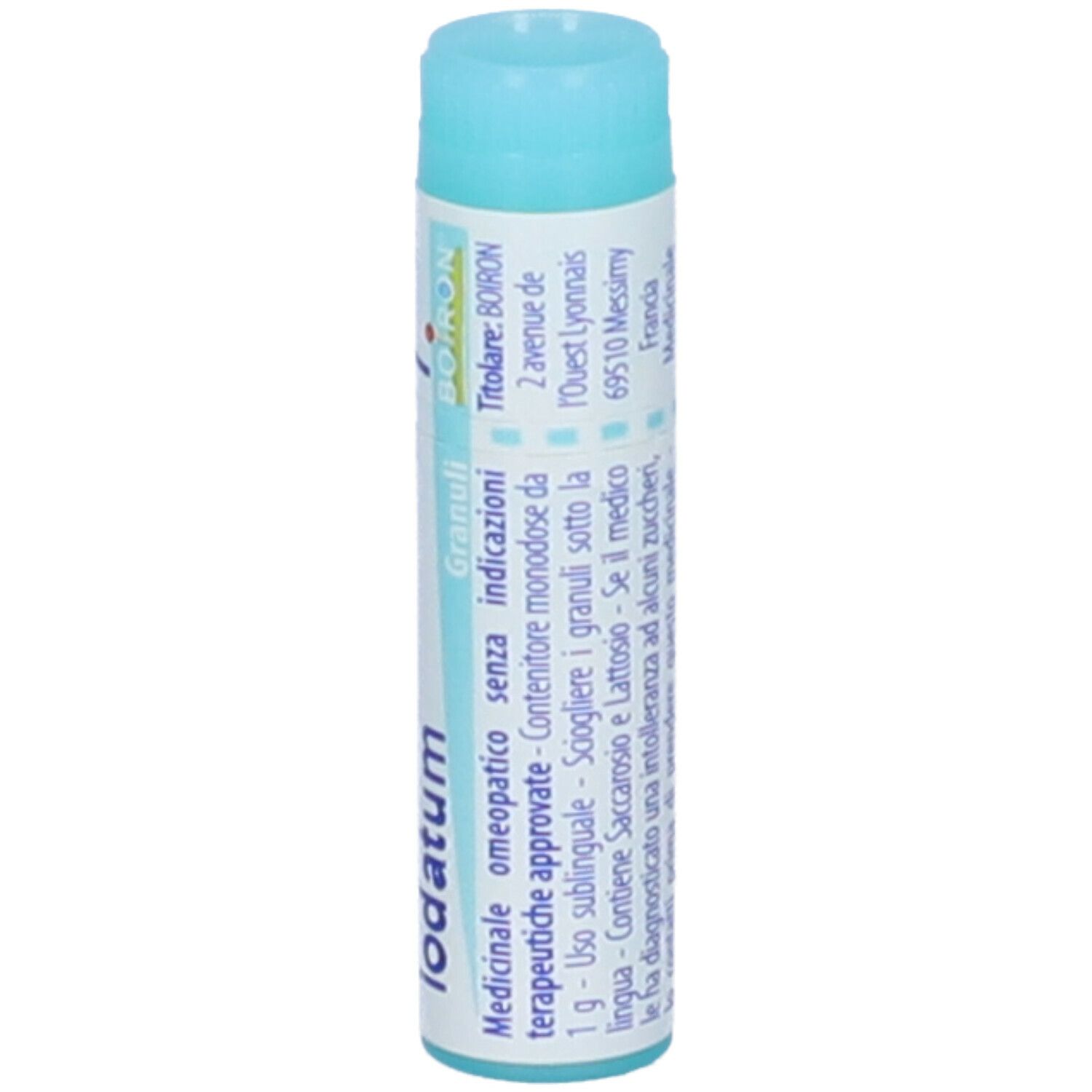 Confezione cilindrica blu. Scritta: Sulfur iodatum, Granuli, BOIRON, 2 avenue de l'Ouest.