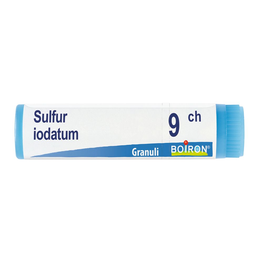 Contenitore monodose blu. Scritta: Sulfur iodatum 9 ch, Granuli, BOIRON. Confezione farmaceutica.