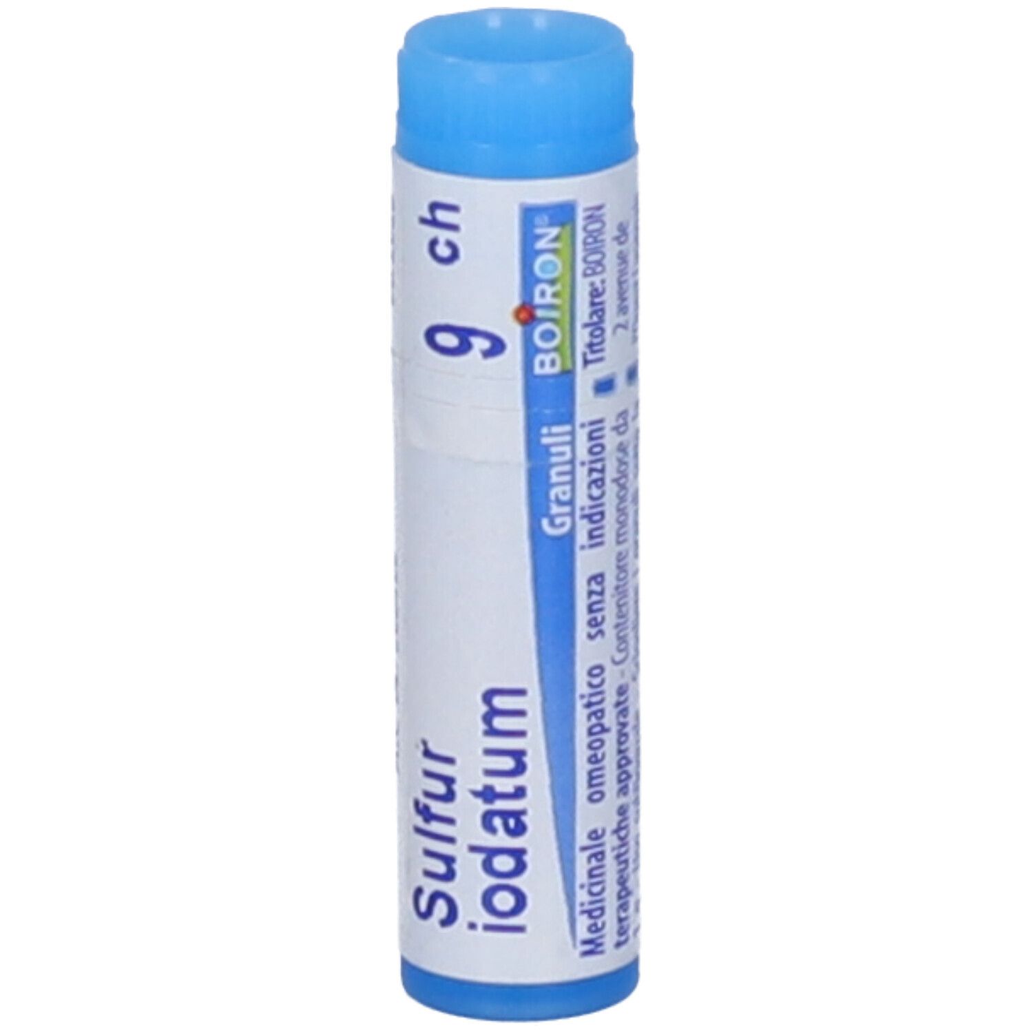 Contenitore monodose blu. Scritta: Sulfur iodatum 9 ch, BOIRON. Prodotto farmaceutico.