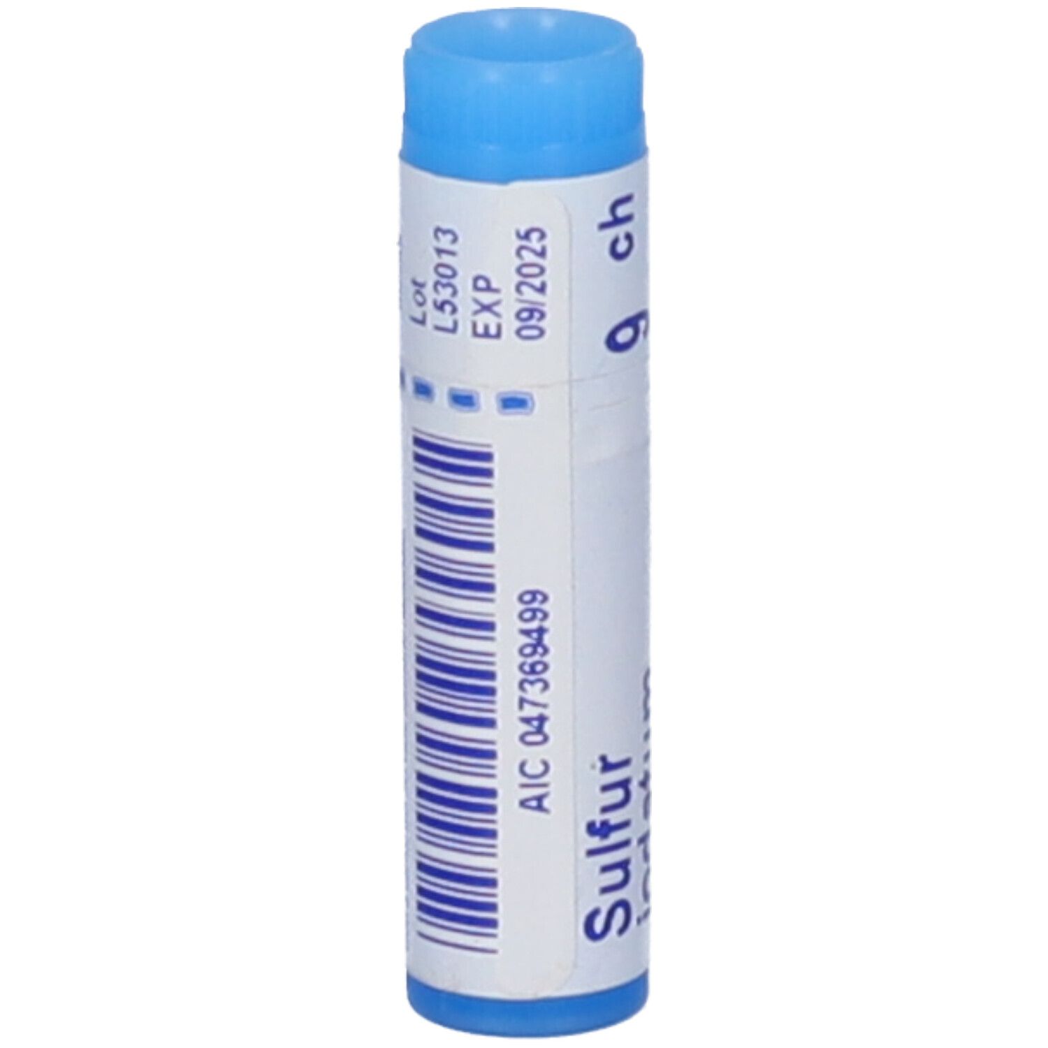 Contenitore monodose blu. Scritta: Sulfur iodatum 9 ch. Numero di lotto e scadenza.
