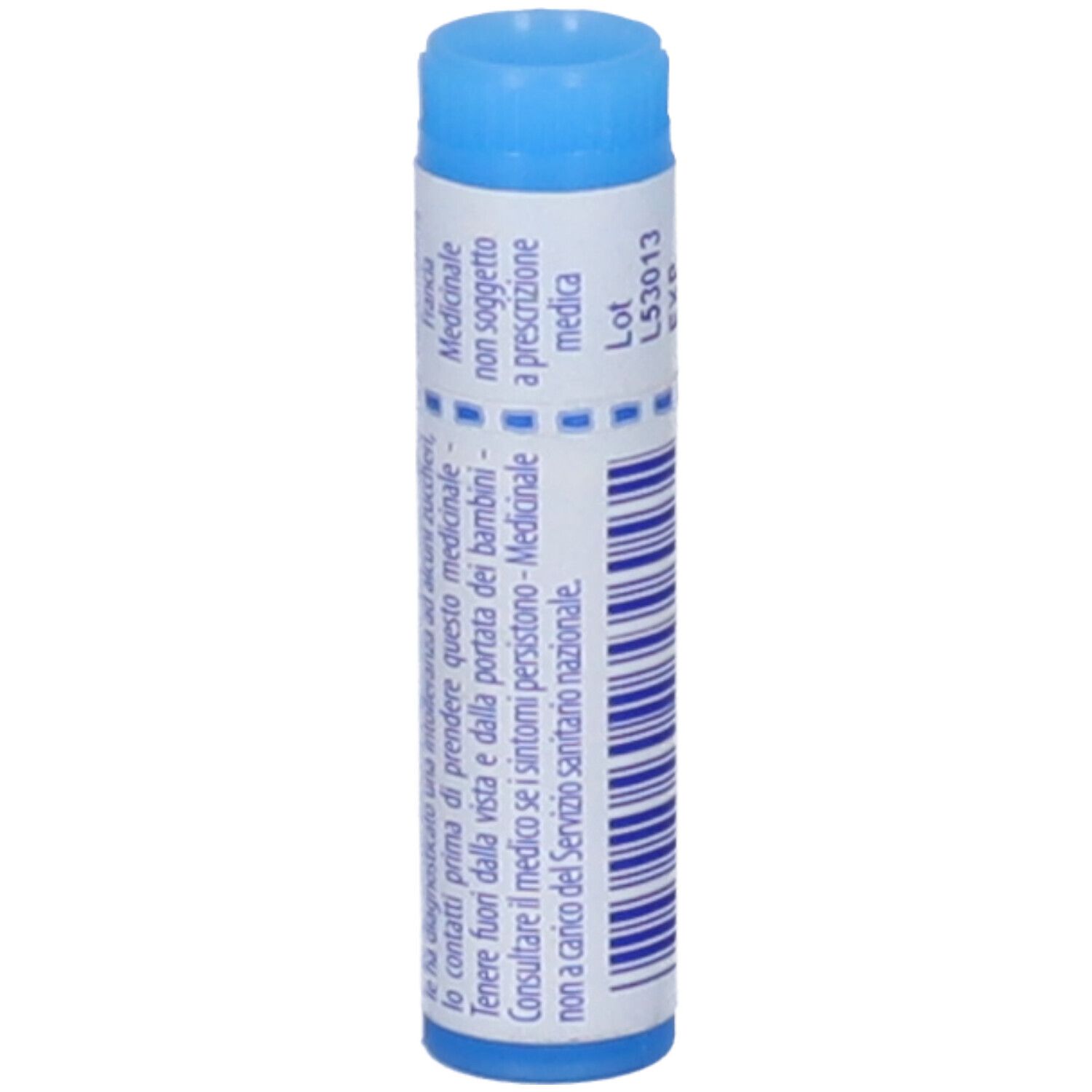 Contenitore monodose blu. Scritta: Sulfur iodatum 9 ch. Testo in italiano.