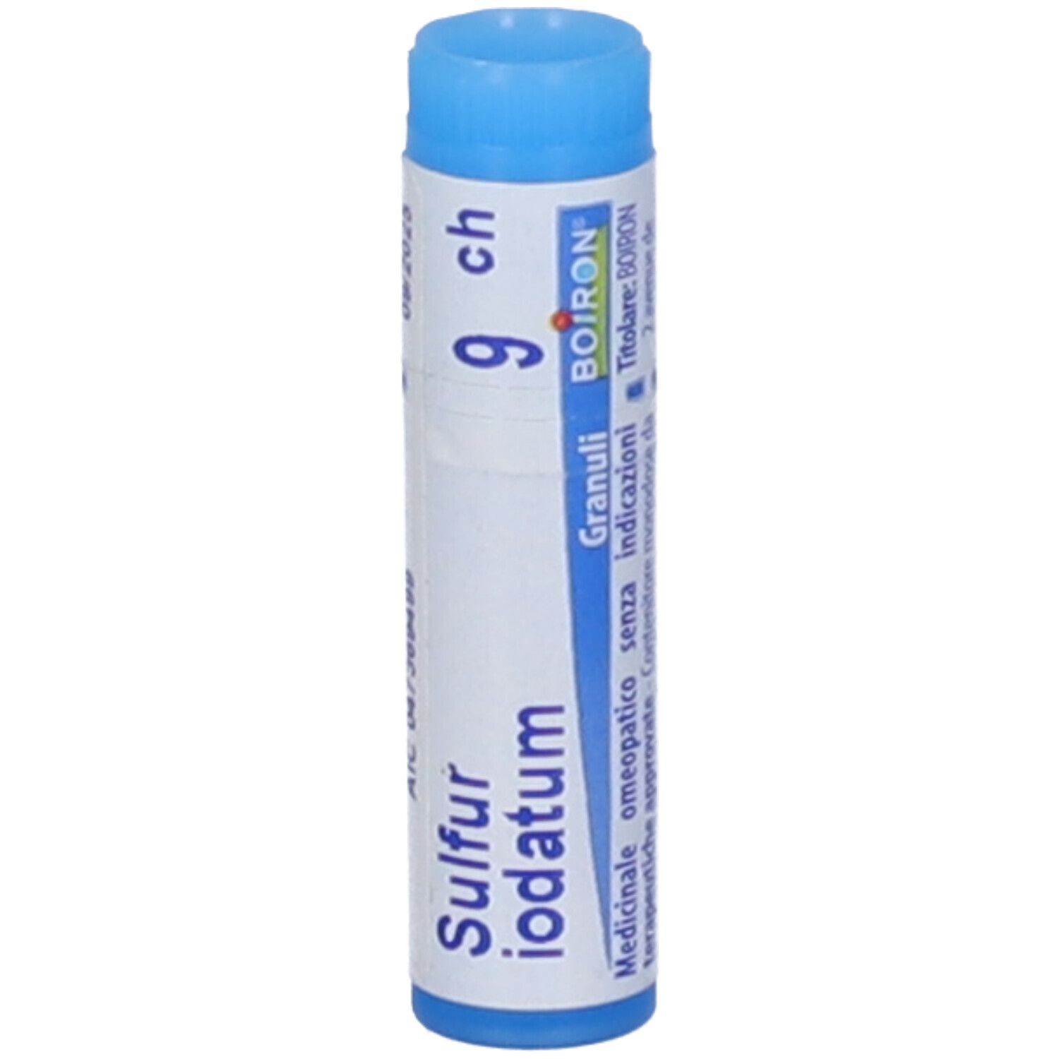 Contenitore monodose blu. Scritta: Sulfur iodatum 9 ch, BOIRON. Testo in italiano.