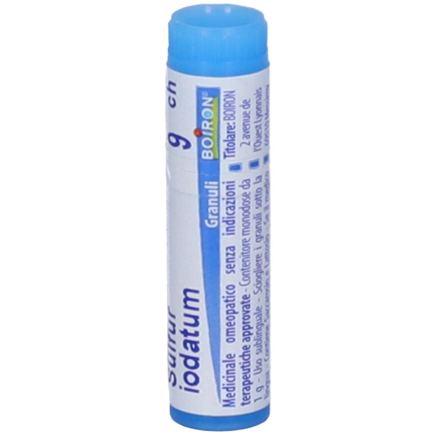 Contenitore monodose blu. Scritta: Sulfur iodatum 9 ch, BOIRON. Testo in italiano.