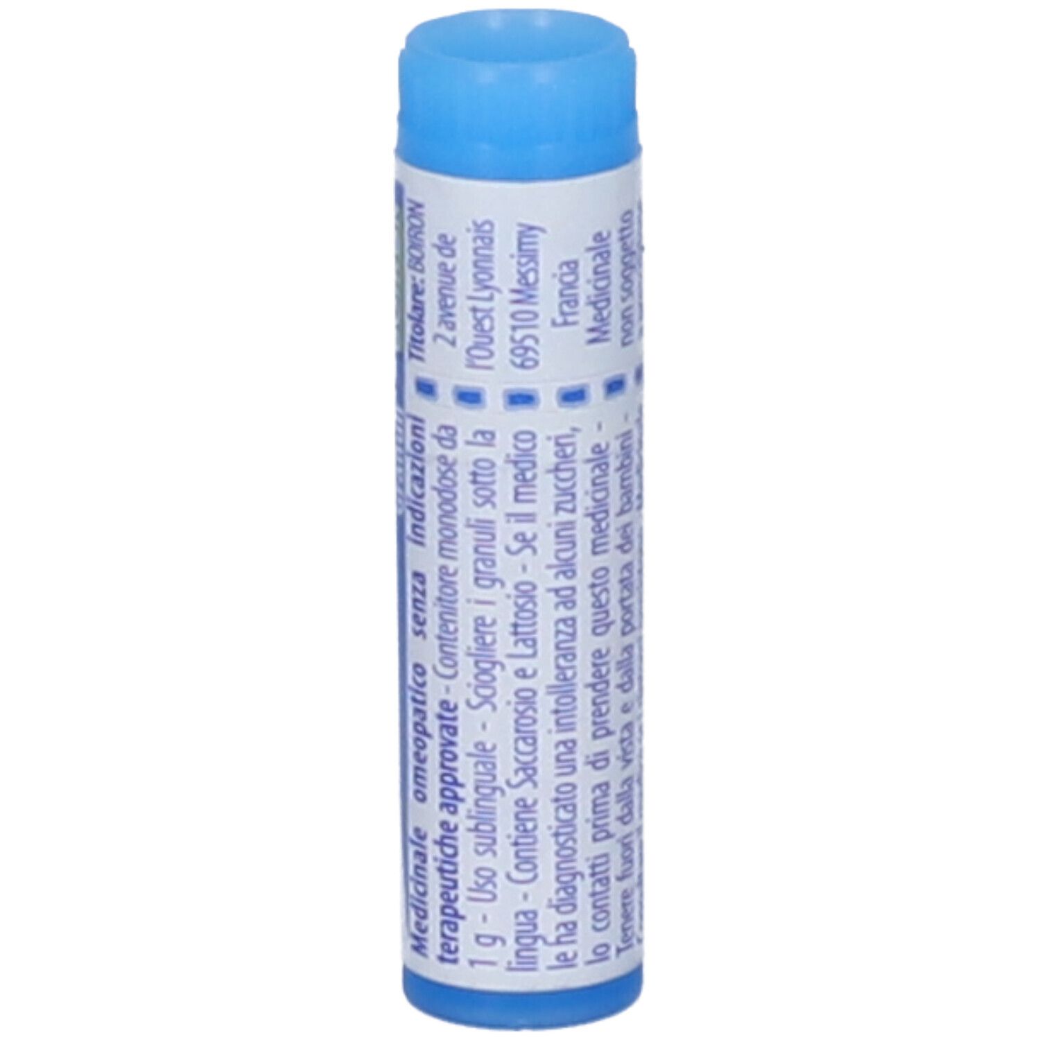 Contenitore monodose blu. Scritta: Sulfur iodatum 9 ch, BOIRON. Testo in italiano.
