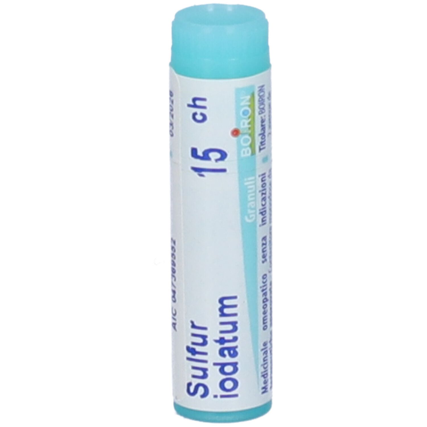 Confezione cilindrica con tappo blu. Scritta: Sulfur iodatum 15 ch, Granuli, BOIRON. Stampe.