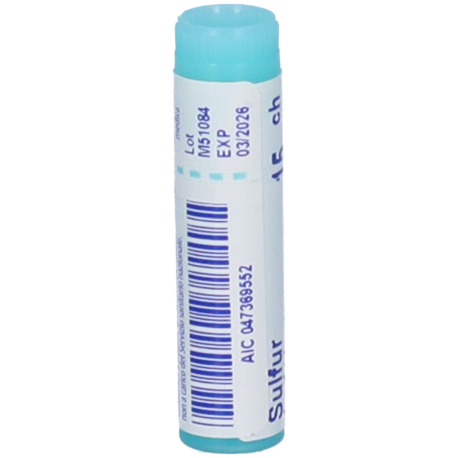 Confezione cilindrica con tappo blu. Scritta: Sulfur, 15 ch, EXP 03/2026. Stampe.