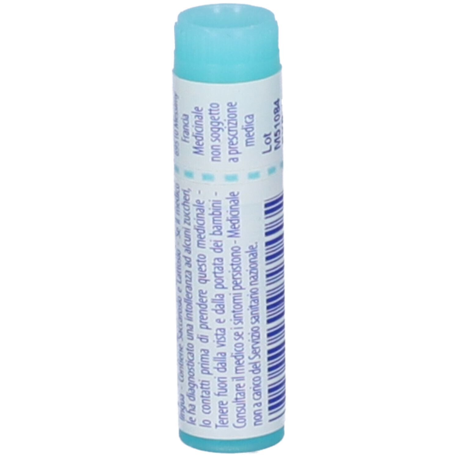 Confezione cilindrica con tappo blu. Scritta: Medicinale non soggetto a prescrizione medica. Stampe.