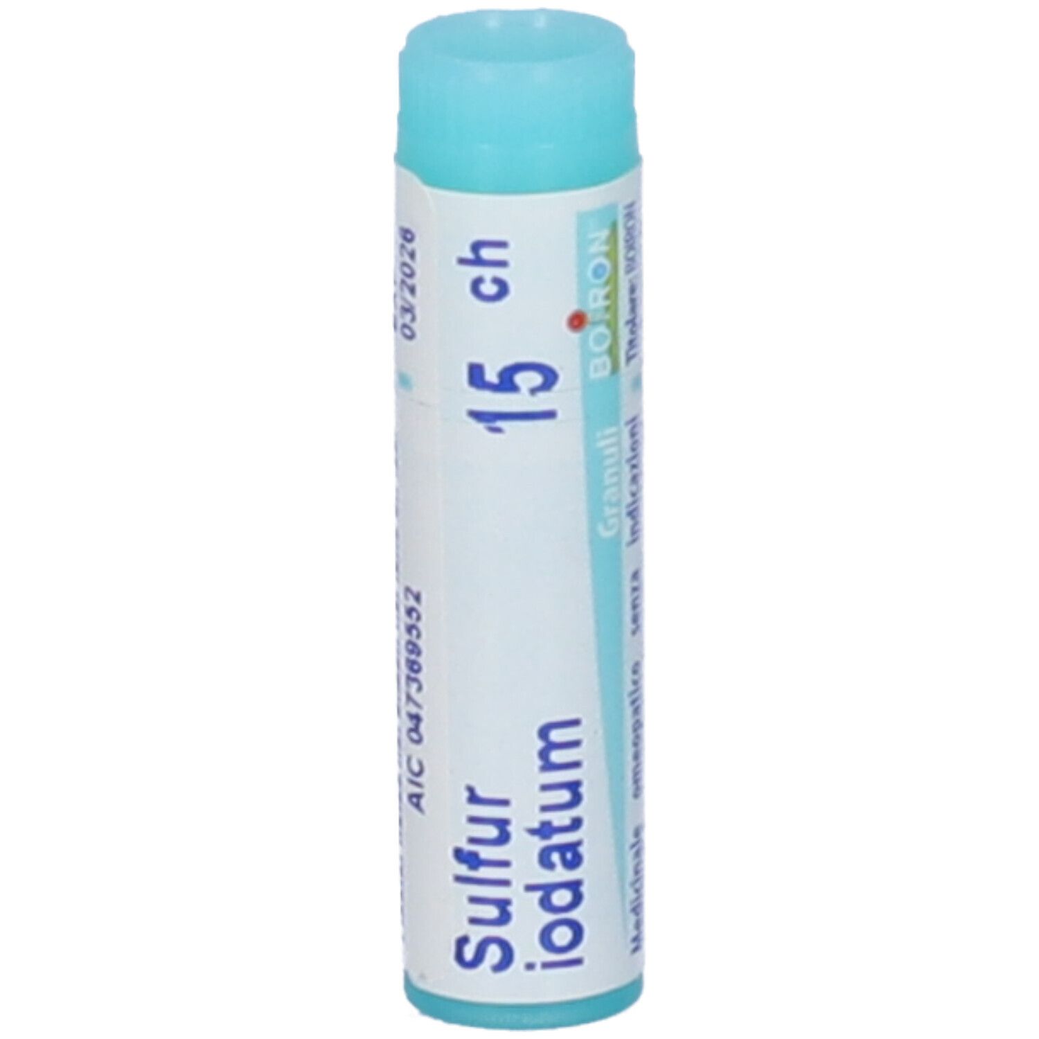 Confezione cilindrica con tappo blu. Scritta: Sulfur iodatum 15 ch, Granuli, BOIRON. Stampe.