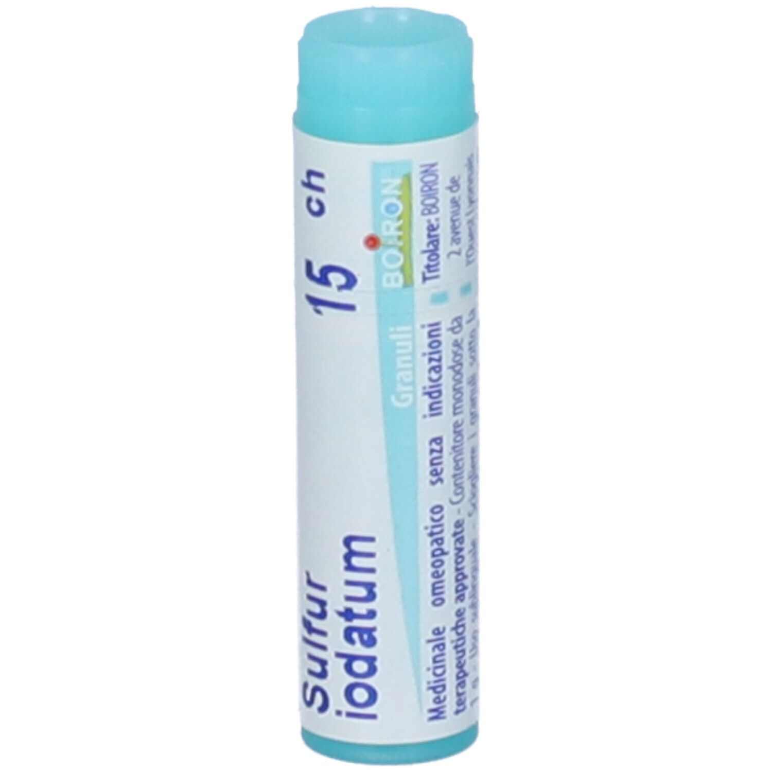 Confezione cilindrica con tappo blu. Scritta: Sulfur iodatum 15 ch, Granuli, BOIRON. Stampe.