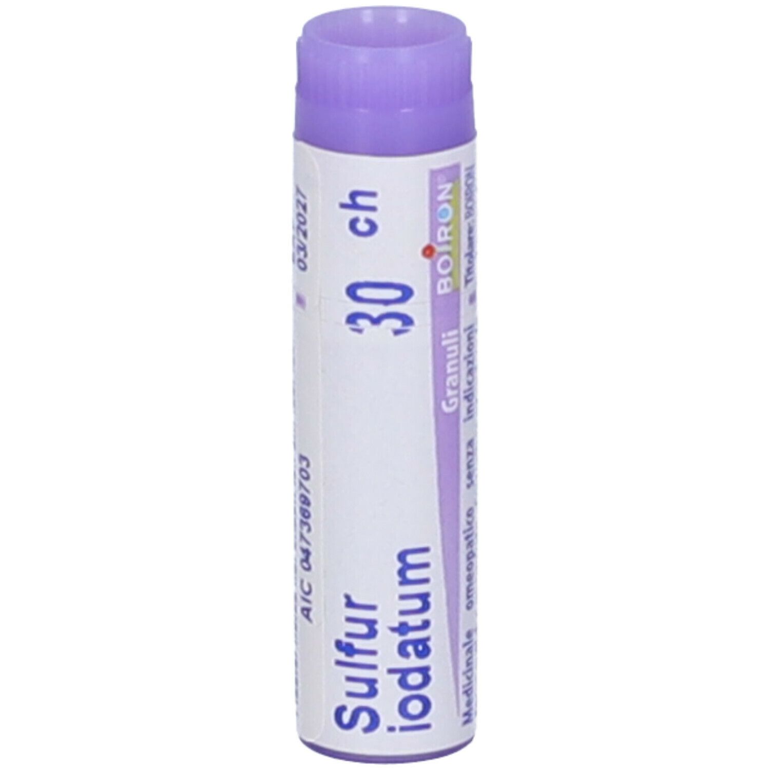 Confezione cilindrica con Sulfur iodatum 30 ch, Boiron, data di scadenza.