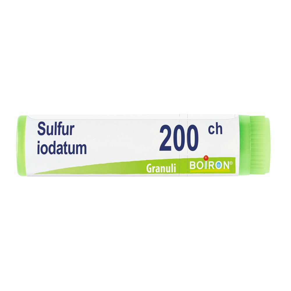 Confezione cilindrica con estremità verdi. Scritta: Sulfur iodatum 200 ch Granuli, BOIRON.