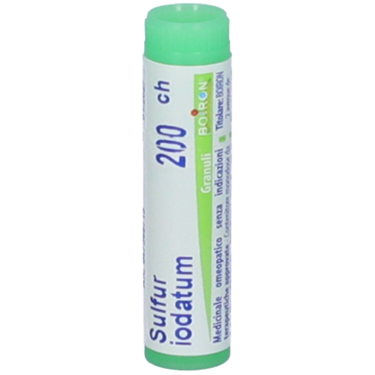 Confezione cilindrica verde. Scritta: Sulfur iodatum 200 ch, BOIRON, Granuli.