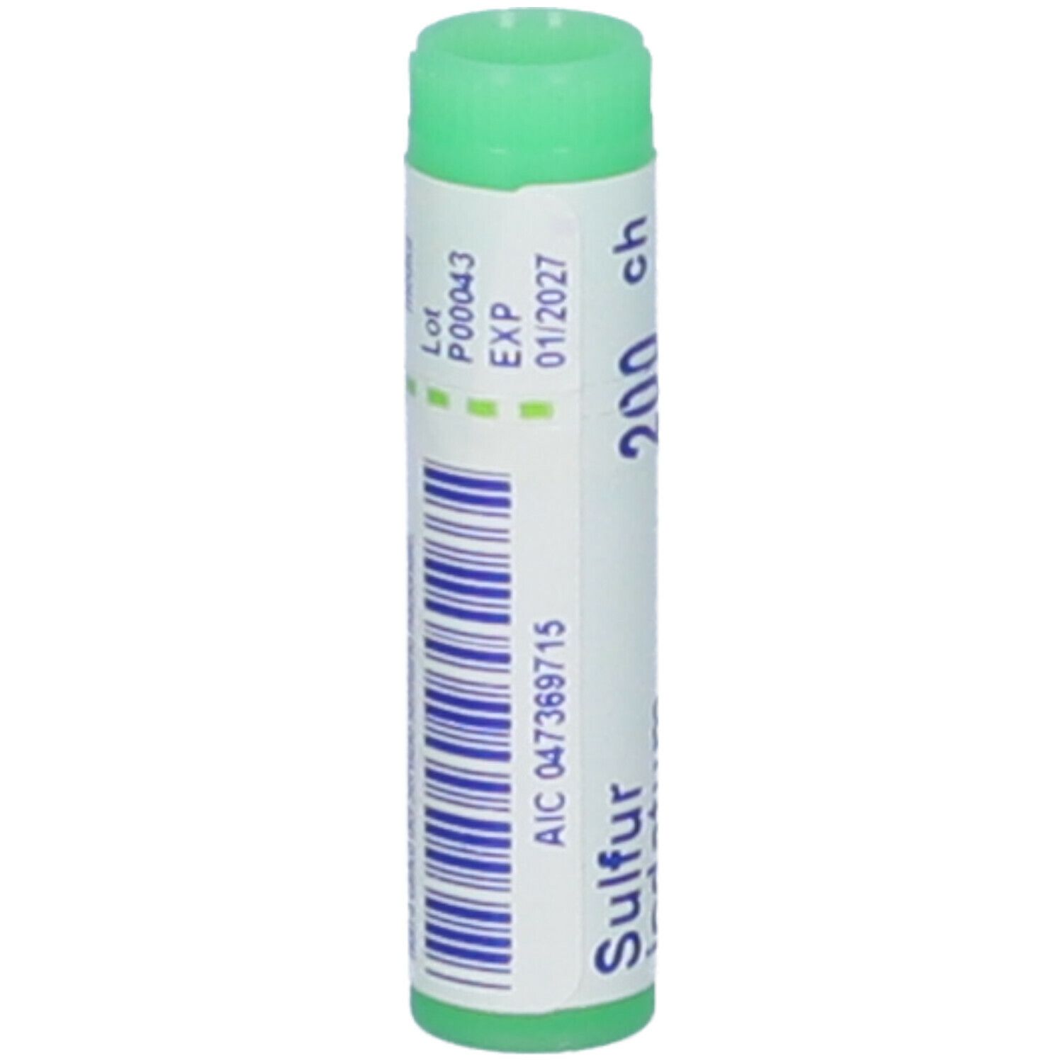 Cilindro verde. Scritta: Sulfur iodatum 200 ch. Codice a barre, scadenza 01/2027.