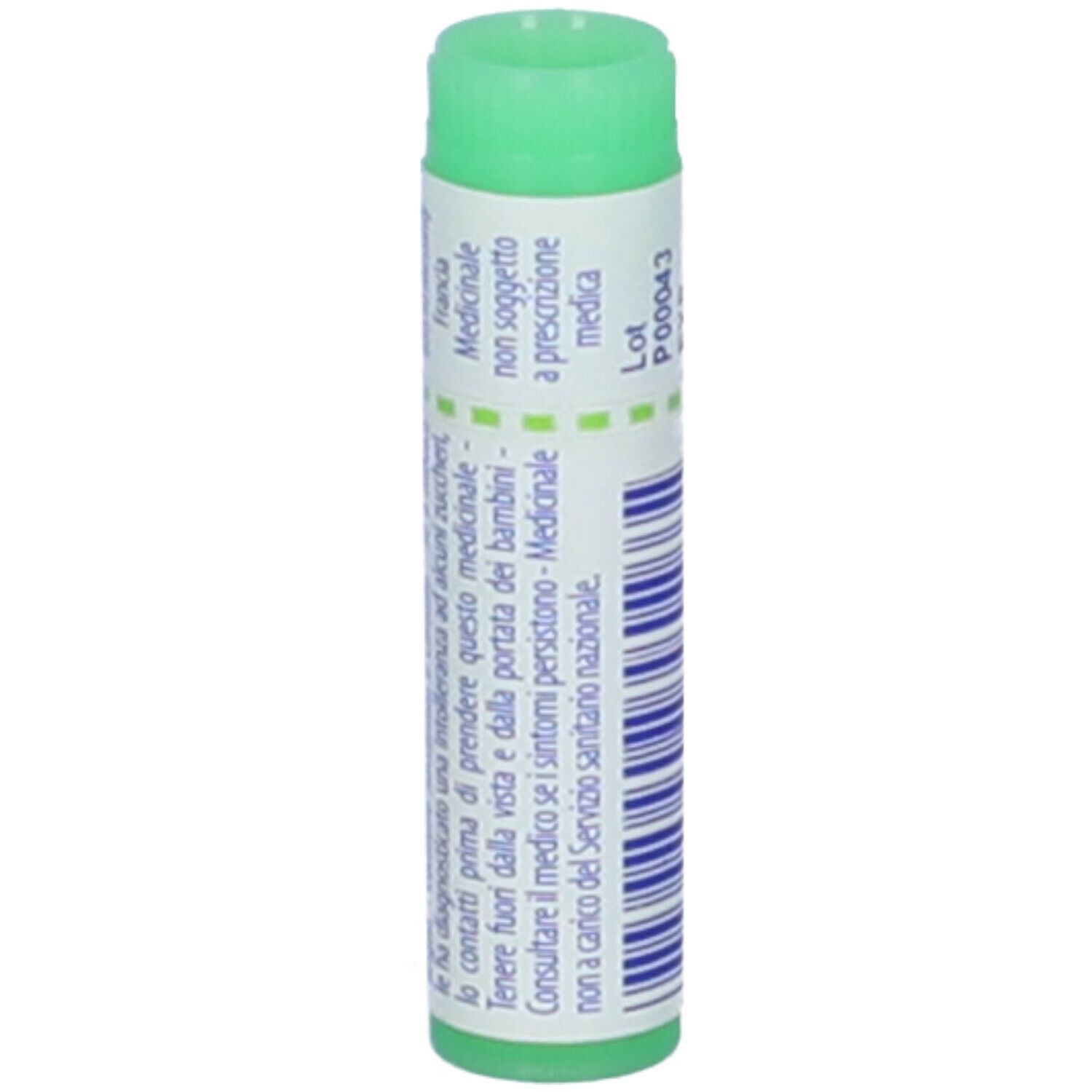 Cilindro verde. Scritta: Sulfur iodatum 200 ch. Testo in italiano.