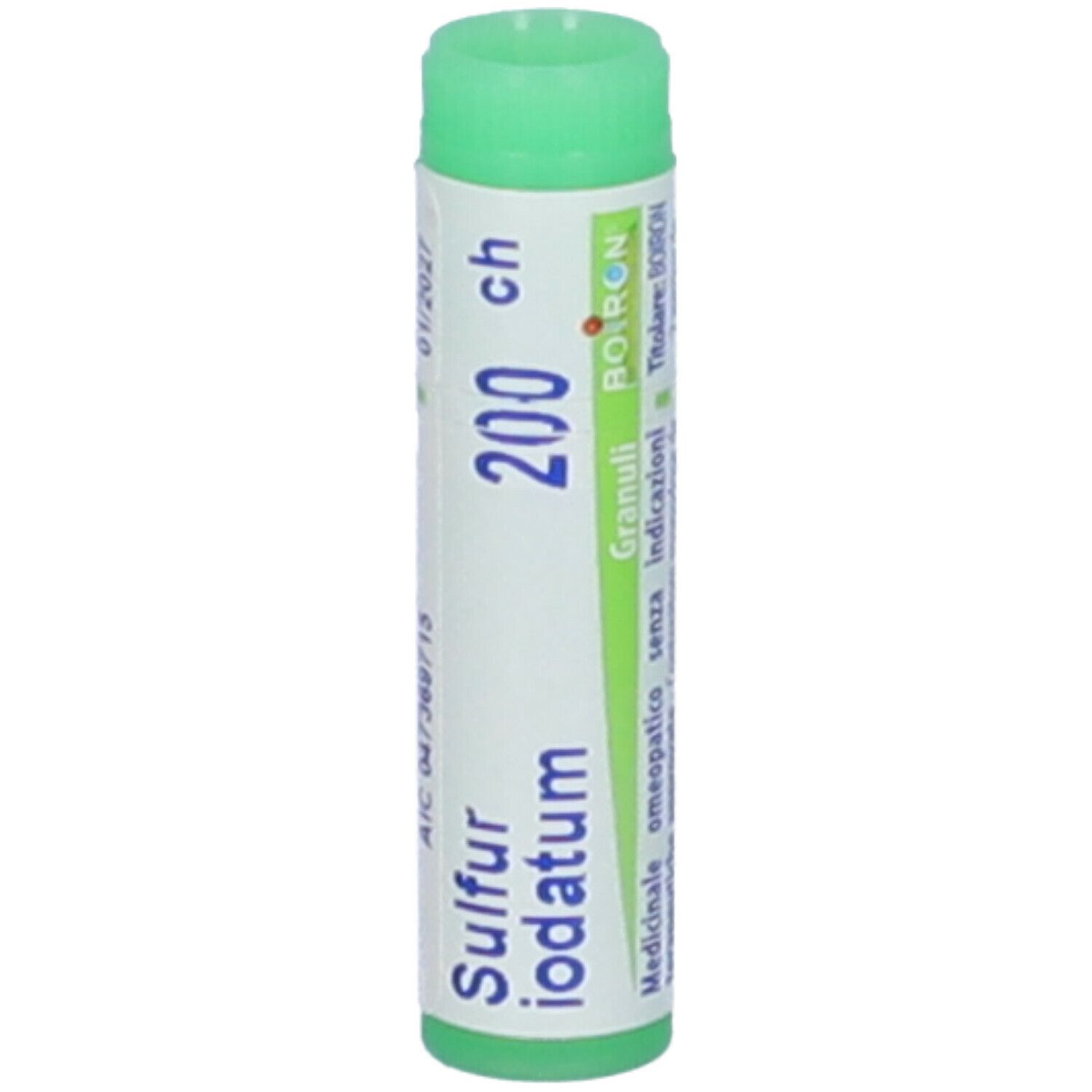 Cilindro verde. Scritta: Sulfur iodatum 200 ch, BOIRON, Granuli. Scadenza 01/2027.