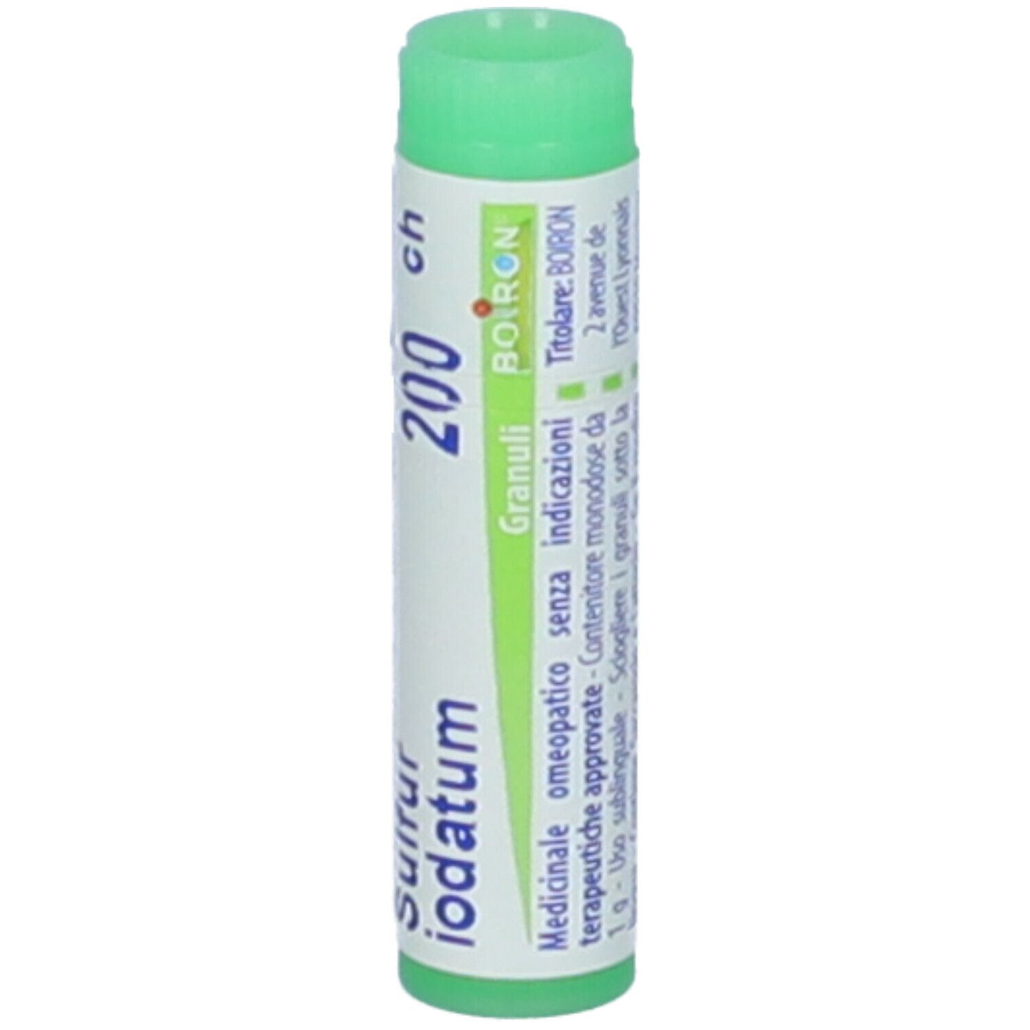 Cilindro verde. Scritta: Sulfur iodatum 200 ch, BOIRON, Granuli. Testo in italiano.