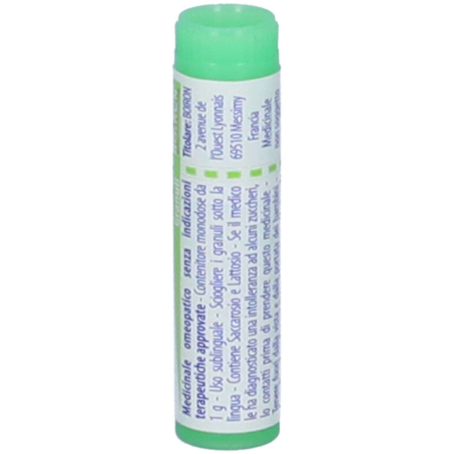 Cilindro verde. Scritta: Sulfur iodatum 200 ch, BOIRON, Granuli. Testo in italiano.