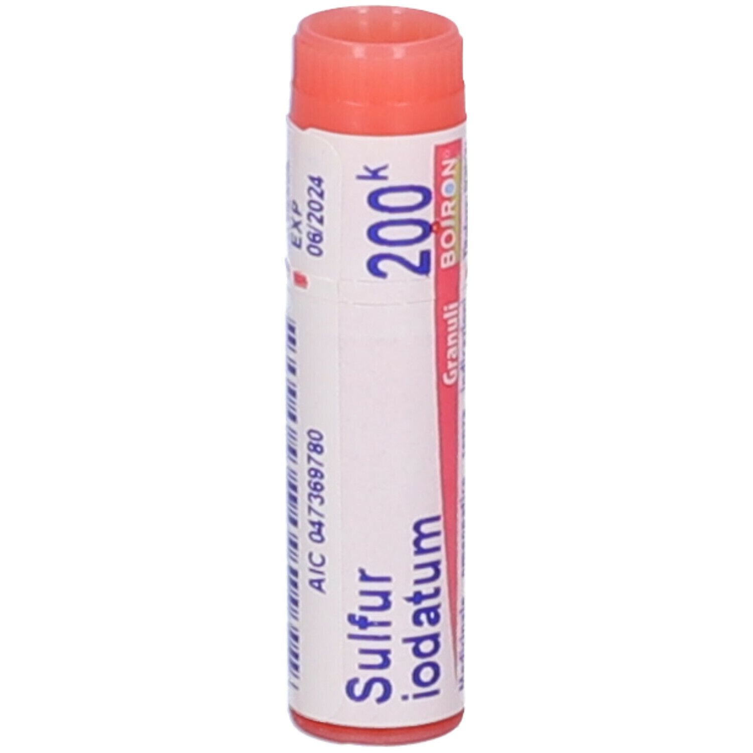 Confezione cilindrica, tappo rosso. Scritta: Sulfur iodatum 200k, Boiron, Scad. 06/2024.