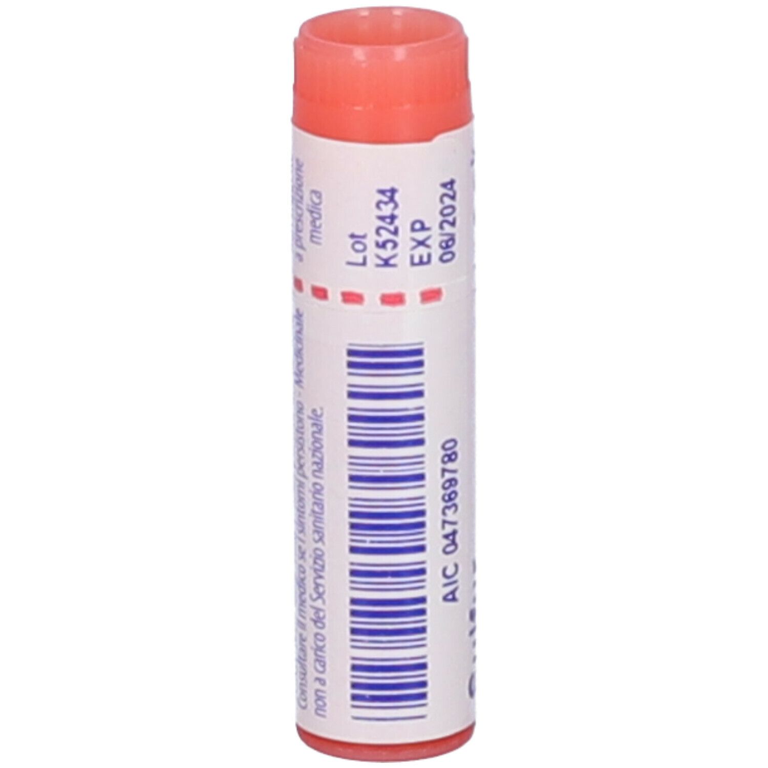Confezione cilindrica, tappo rosso. Scritta: Sulfur iodatum, 200k, Boiron, Scad. 06/2024.
