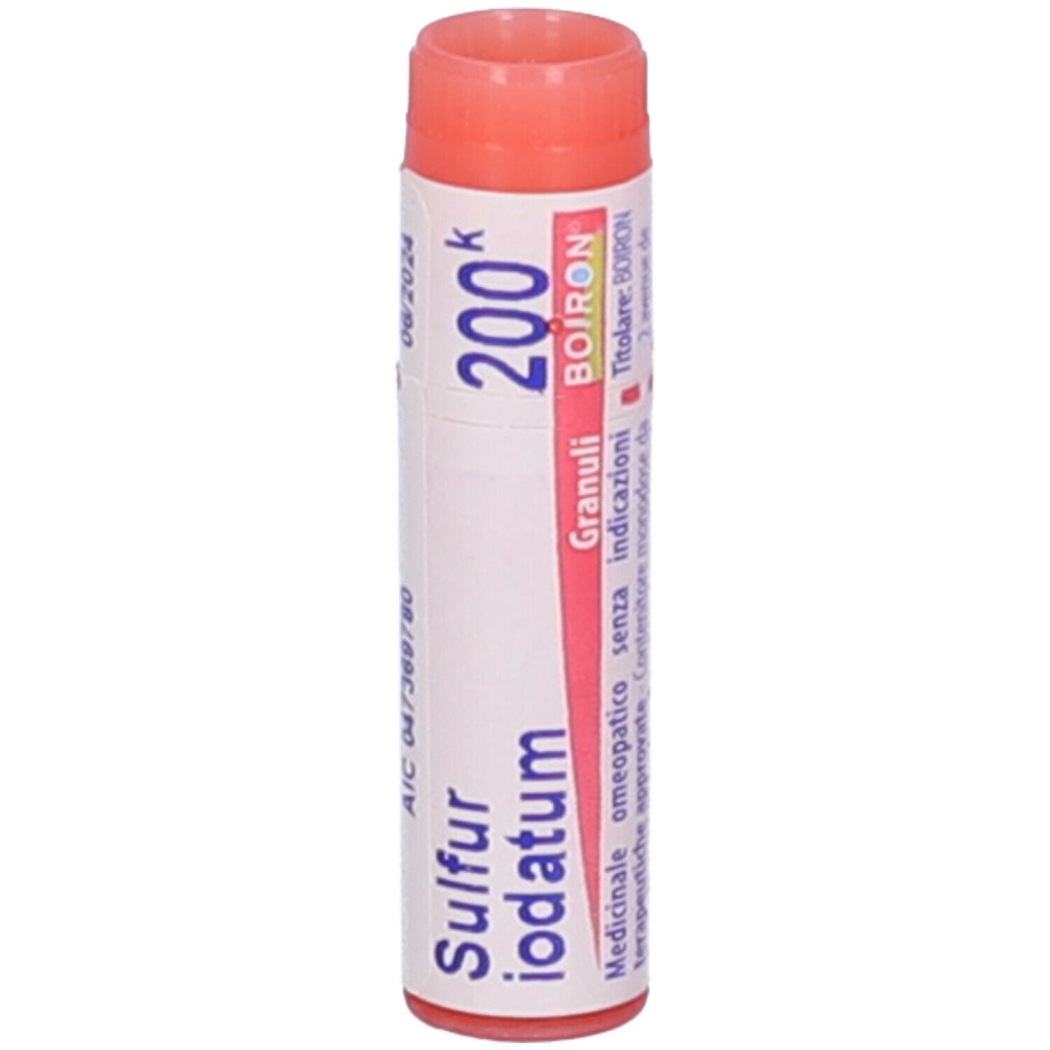 Confezione cilindrica, tappo rosso. Scritta: Sulfur iodatum 200k, Boiron, Granuli.