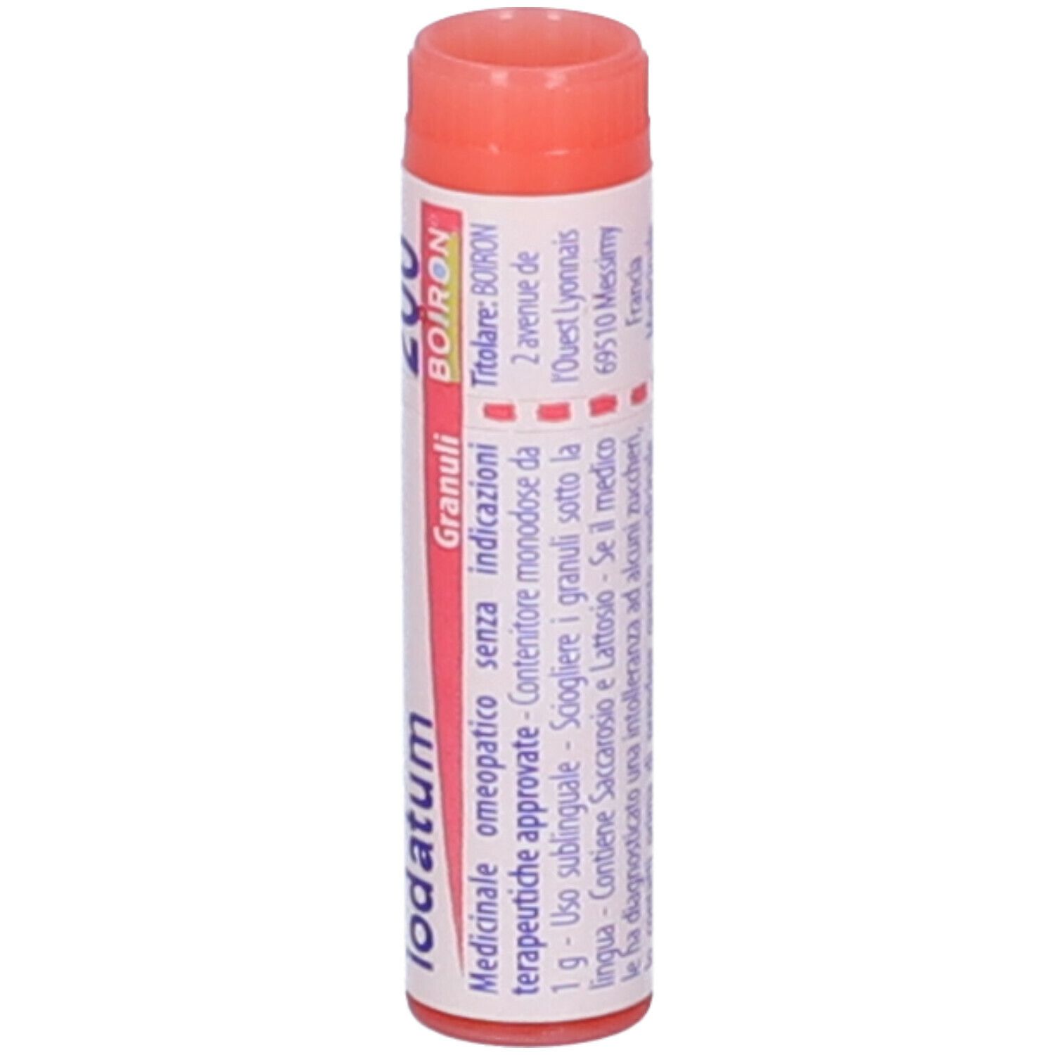 Confezione cilindrica, tappo rosso. Scritta: Sulfur iodatum, Boiron, Granuli, 1g.