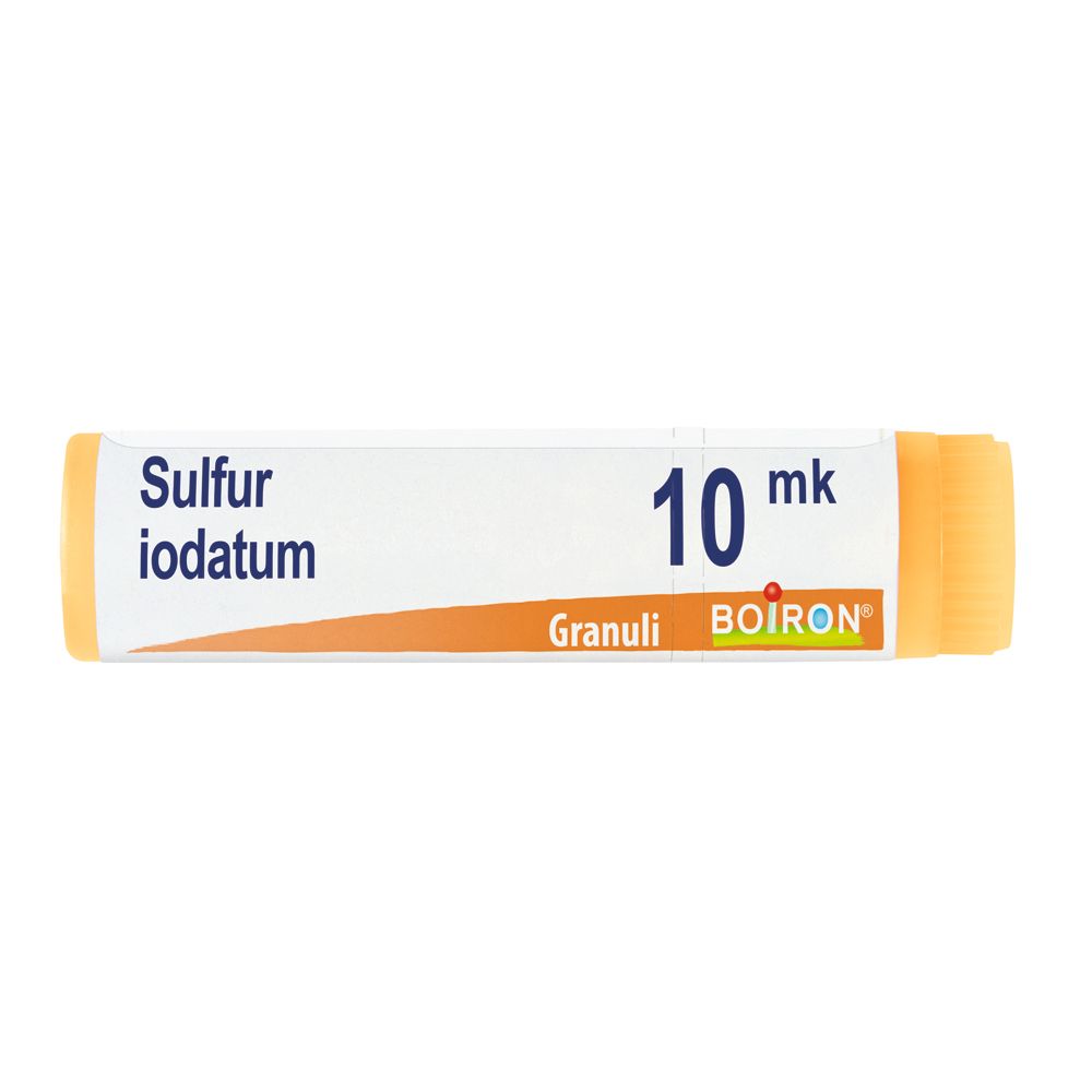 Confezione cilindrica con "Sulfur Iodatum 10 mk" e logo "Boiron". Tappi e estremità gialle.