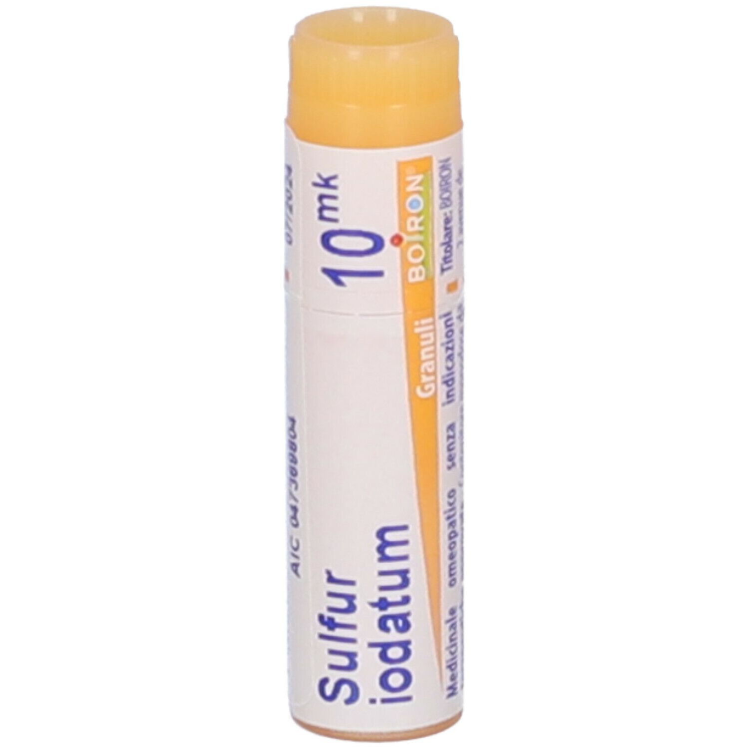 Confezione cilindrica con "Sulfur Iodatum 10 mk" e logo "Boiron". Tappo giallo. Dettagli stampati.