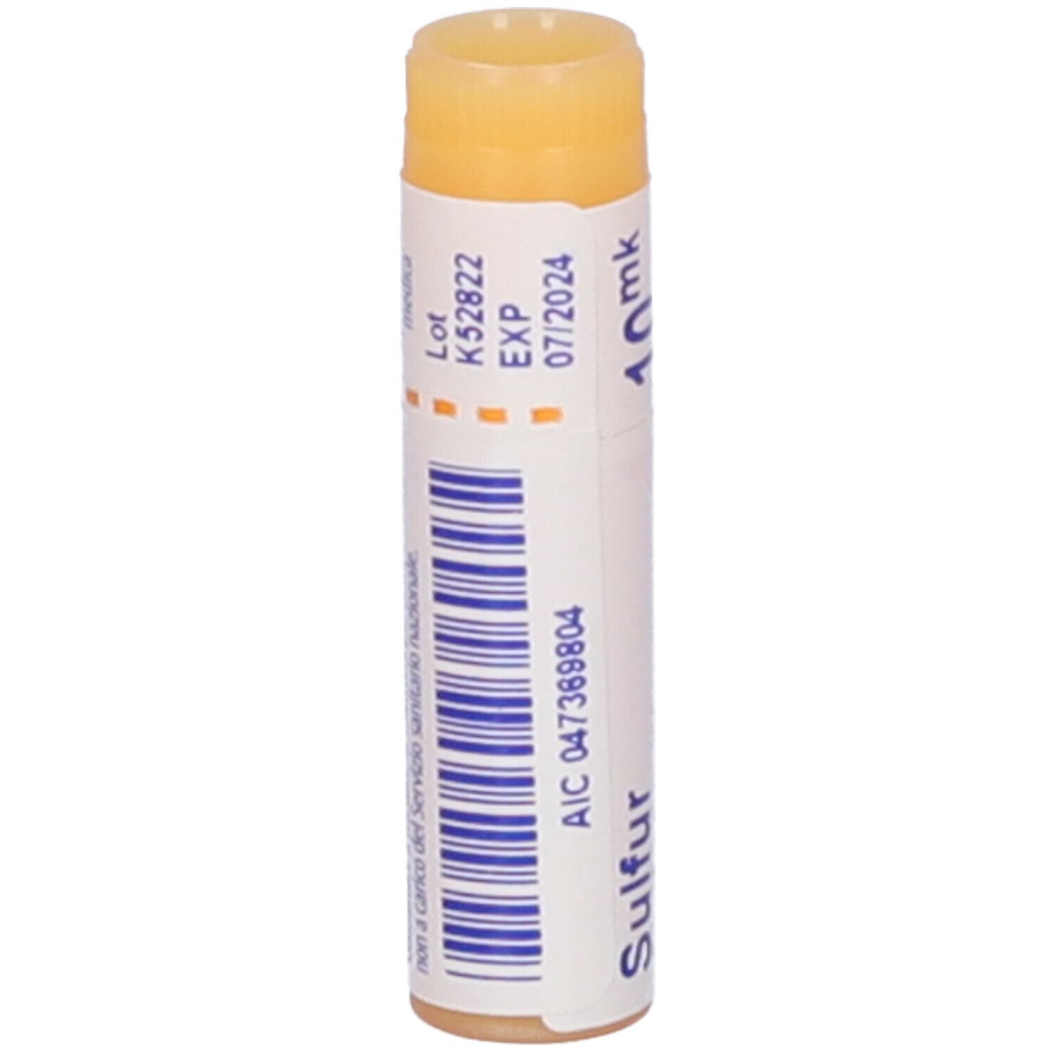 Confezione cilindrica con "Sulfur" e dettagli. Tappo giallo. Dettagli stampati.