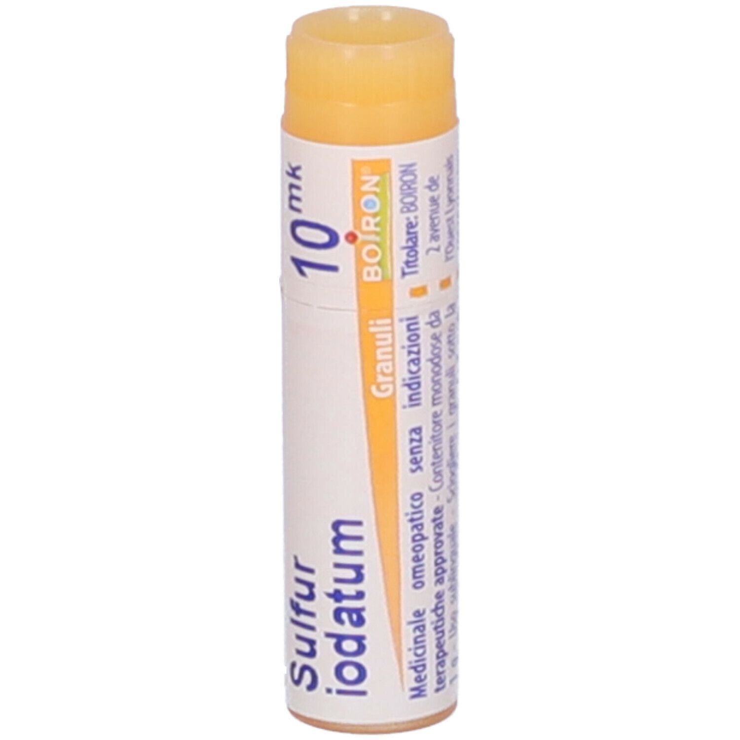 Confezione cilindrica con "Sulfur Iodatum 10 mk" e logo "Boiron". Tappo giallo. Dettagli stampati.