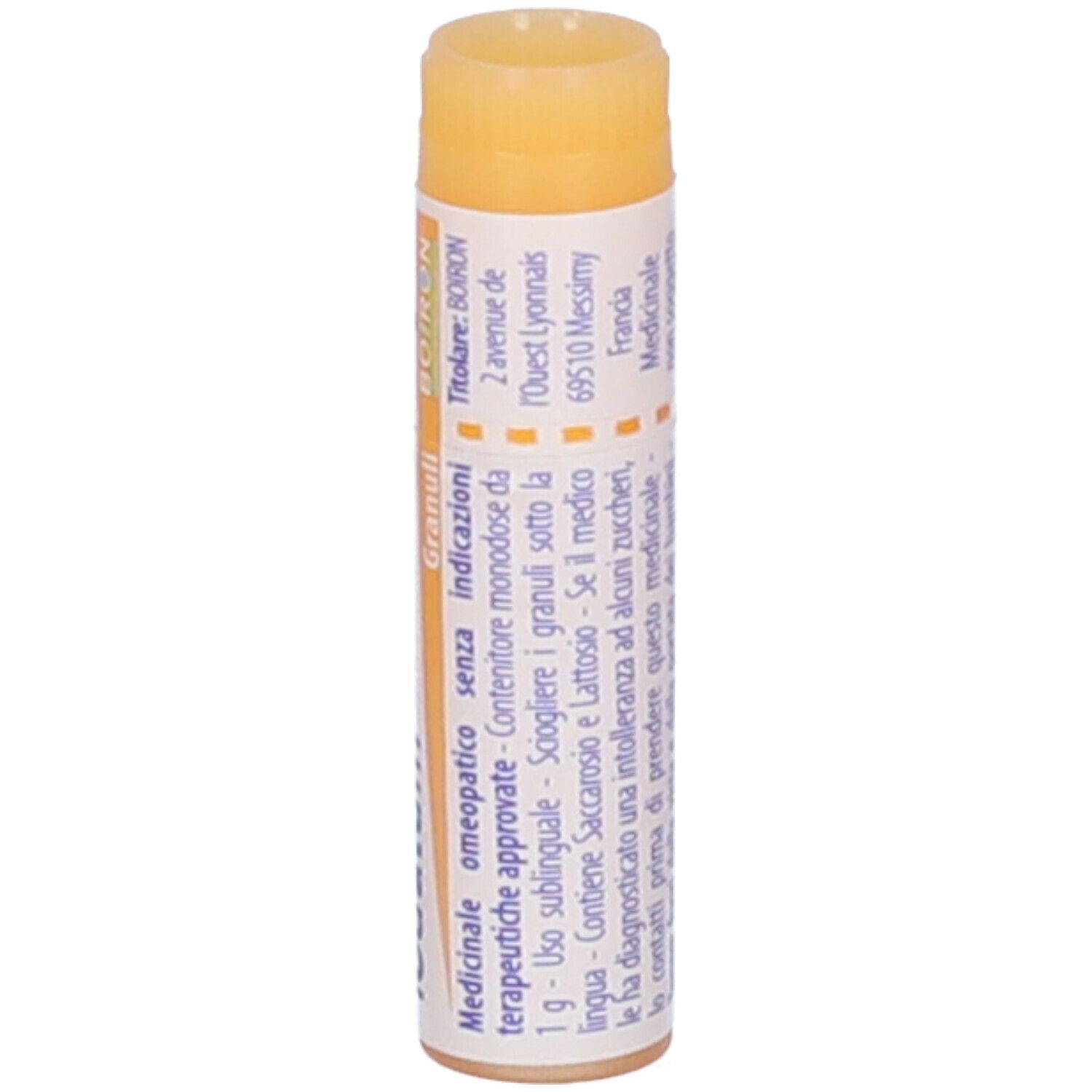 Confezione cilindrica con "Sulfur Iodatum 10 mk" e logo "Boiron". Tappo giallo. Dettagli stampati.