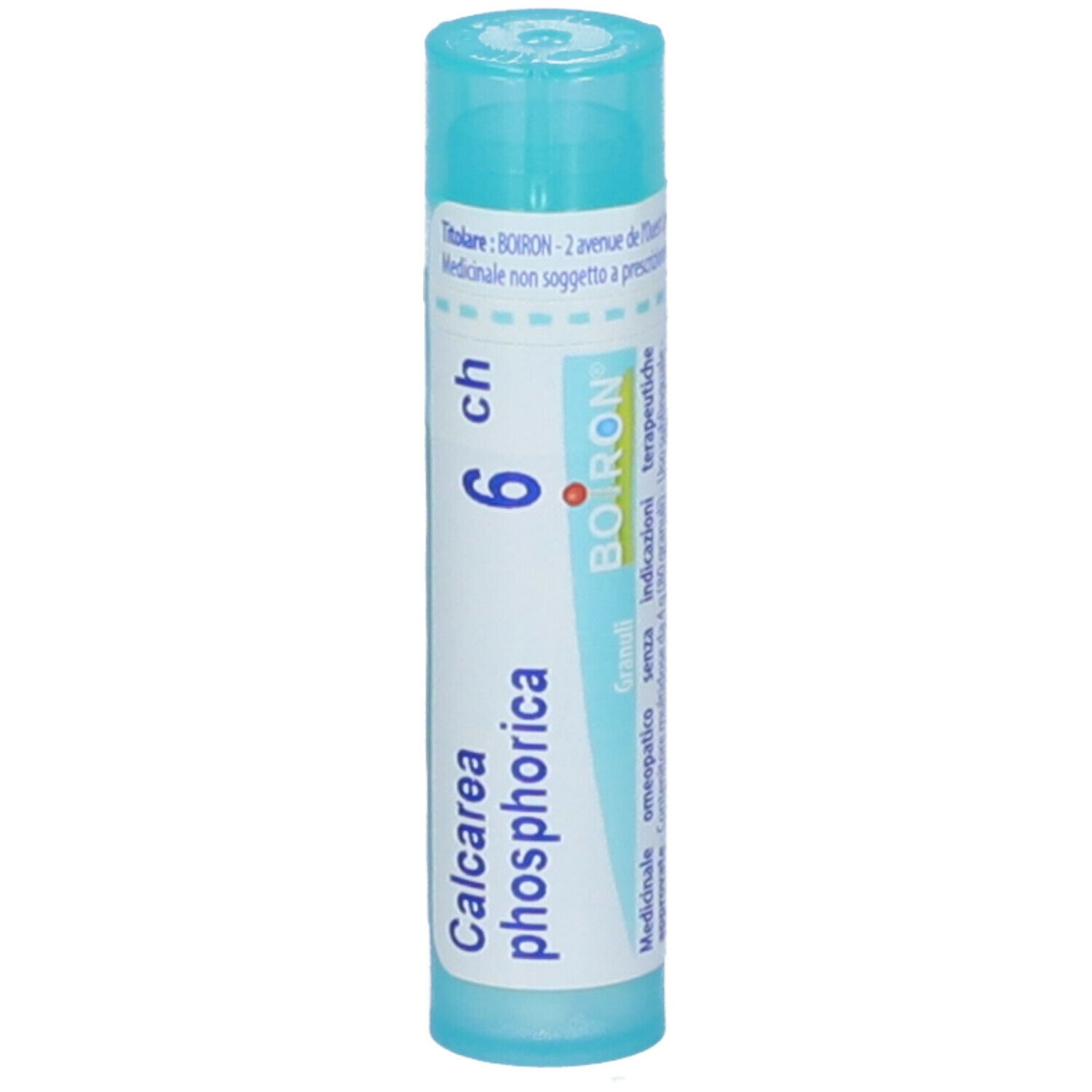 Confezione cilindrica turchese e bianca con 'Calcarea phosphorica 6 ch' e 'BOIRON'.