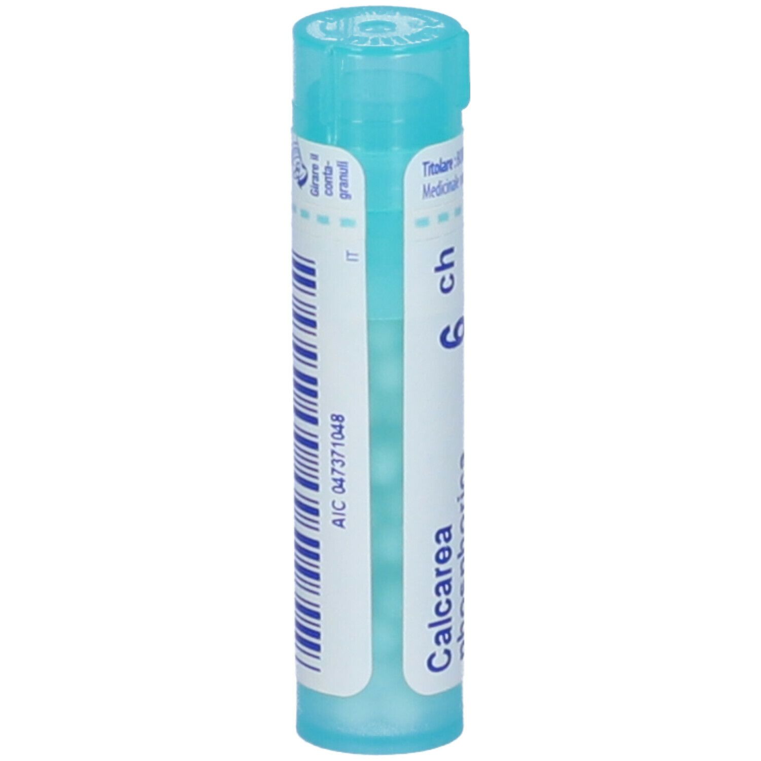 Confezione cilindrica con 'Calcarea phosphorica 6 ch'. Turchese e bianco. Contiene granuli.