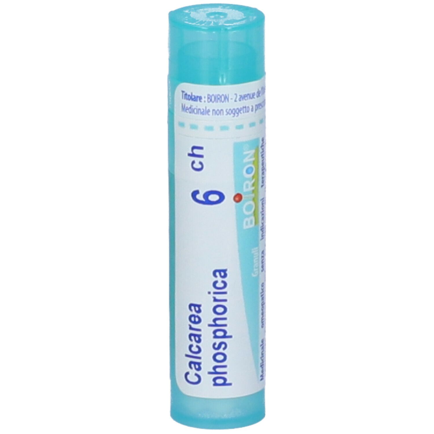Confezione cilindrica con 'Calcarea phosphorica 6 ch' e 'BOIRON'. Turchese e bianco. Vista dettagliata.