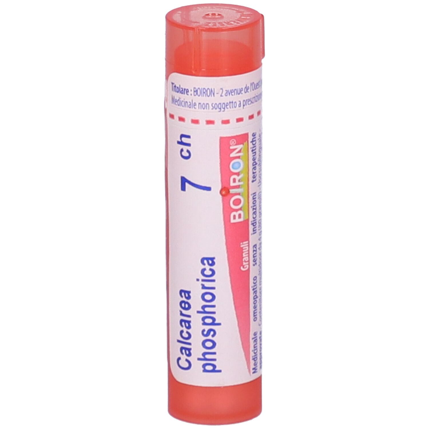 Confezione cilindrica rosa. Scritto: Calcarea phosphorica 7 ch. Logo BOIRON e indicazione granuli.