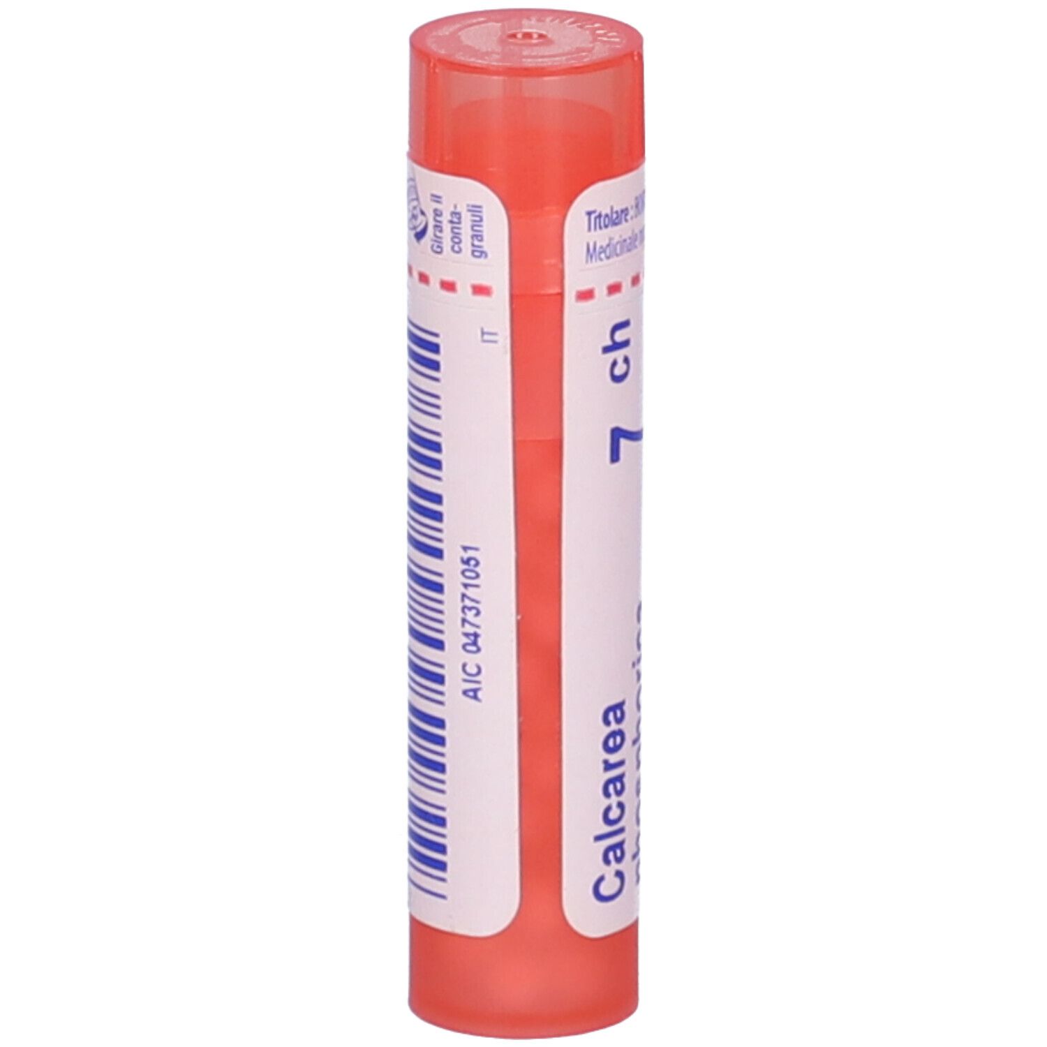 Confezione cilindrica rosa con etichetta bianca. Contiene granuli. Codice a barre e scritta: Calcarea phosphorica 7 ch.