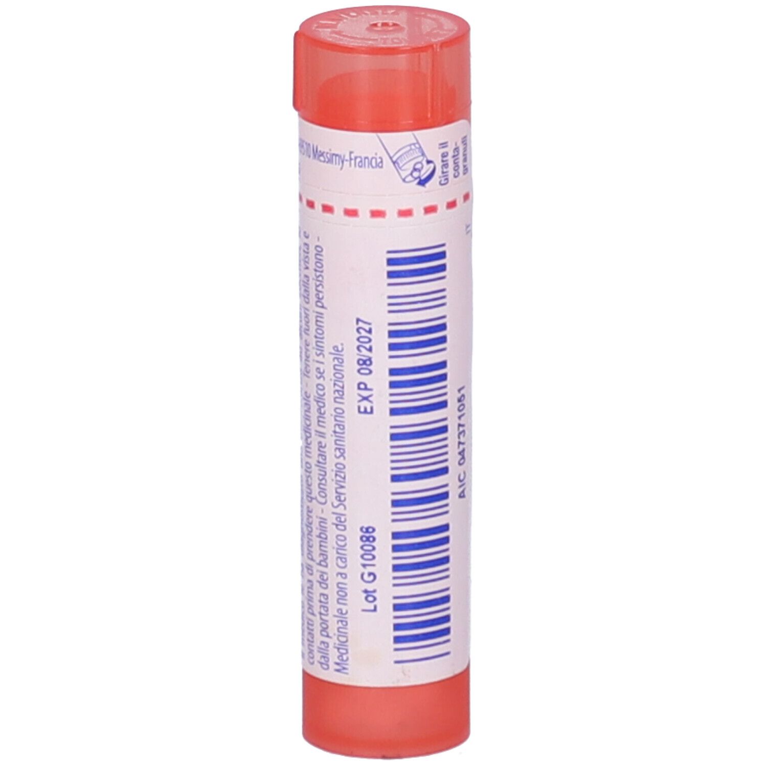 Confezione cilindrica rosa con etichetta bianca. Contiene granuli. Scritto: Calcarea phosphorica 7 ch. Data di scadenza.