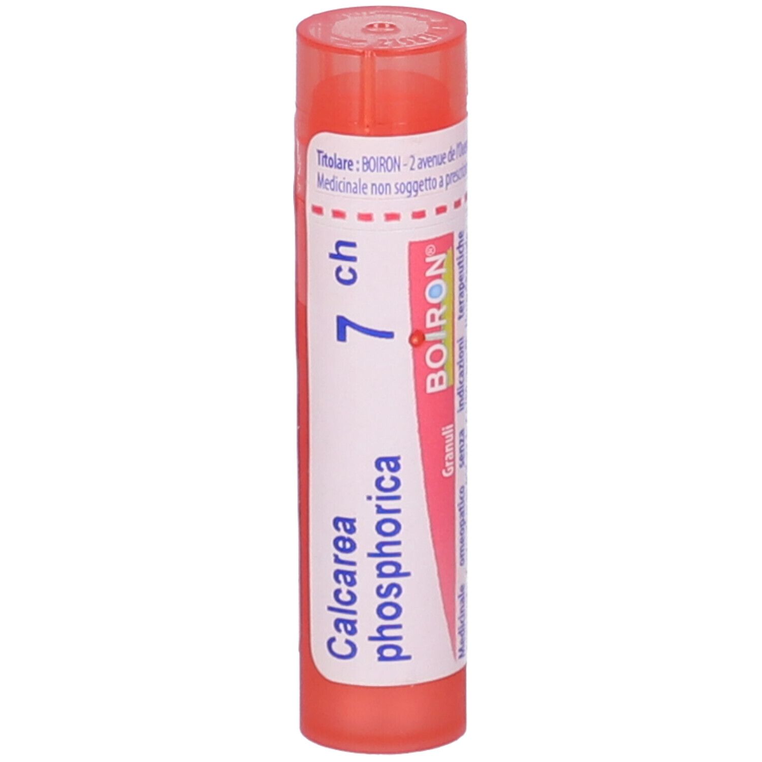 Confezione cilindrica rosa con etichetta bianca. Contiene granuli. Scritto: Calcarea phosphorica 7 ch, BOIRON.