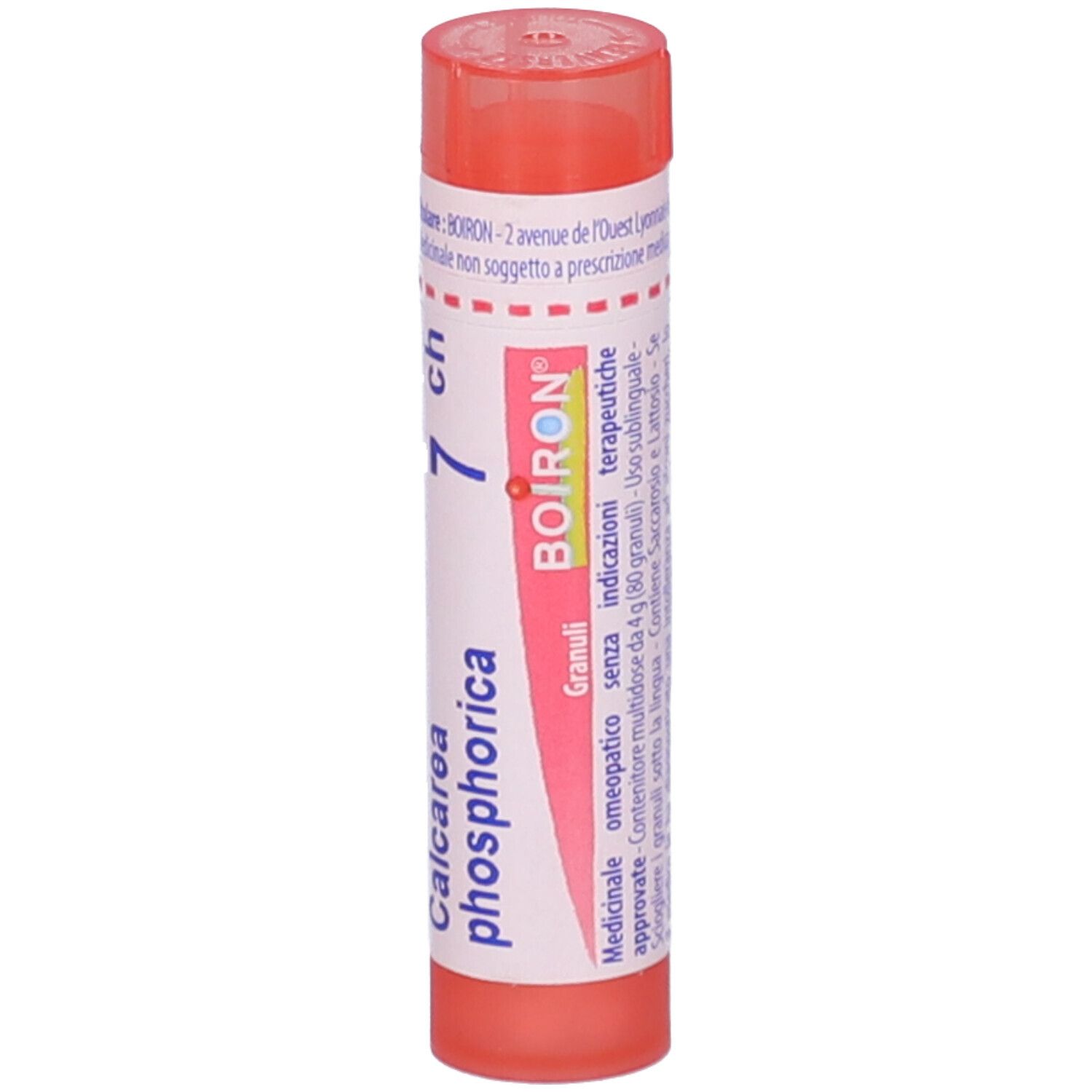 Confezione cilindrica rosa con etichetta bianca. Contiene granuli. Scritto: Calcarea phosphorica 7 ch, BOIRON.