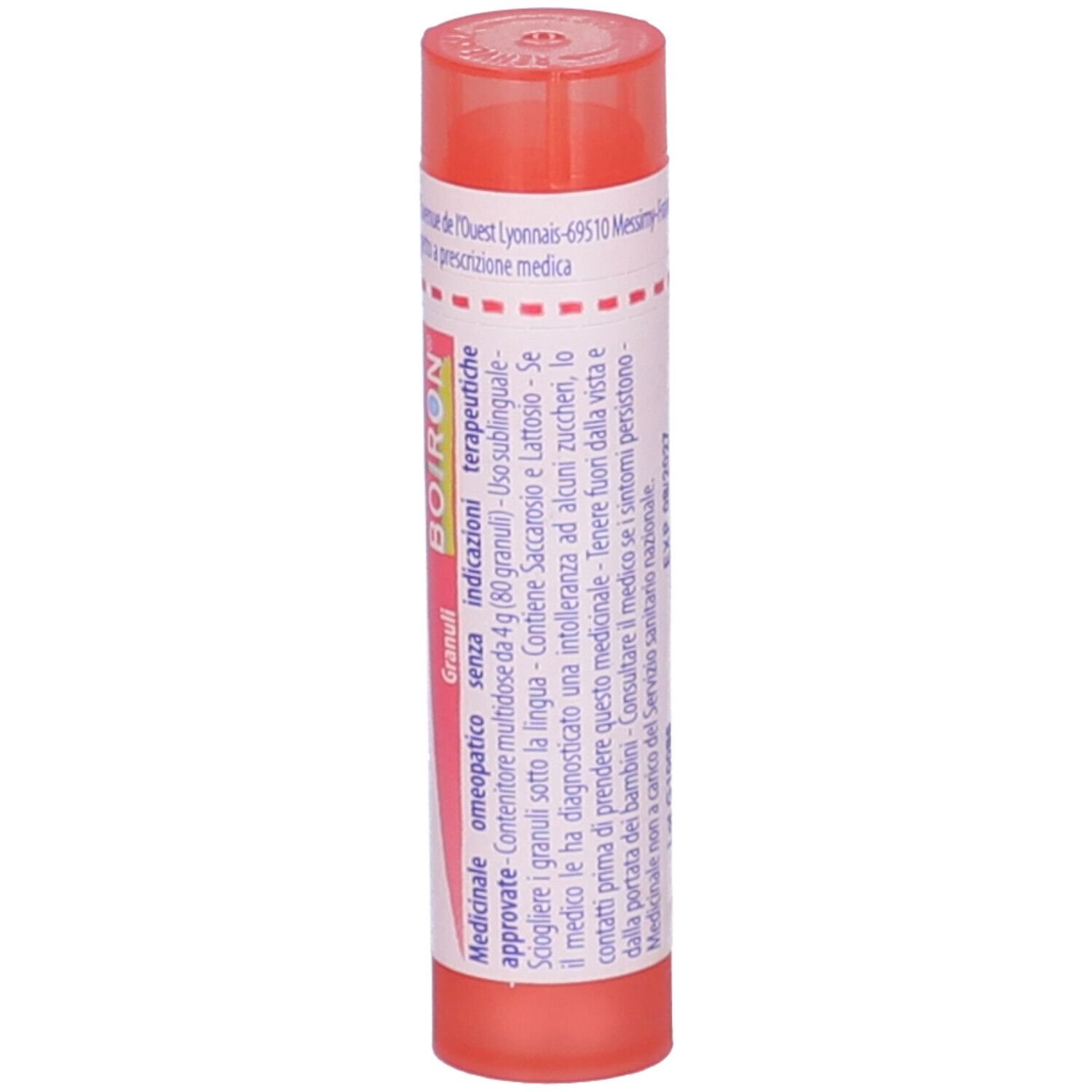 Confezione cilindrica rosa con etichetta bianca. Contiene granuli. Scritto: Calcarea phosphorica 7 ch, BOIRON.