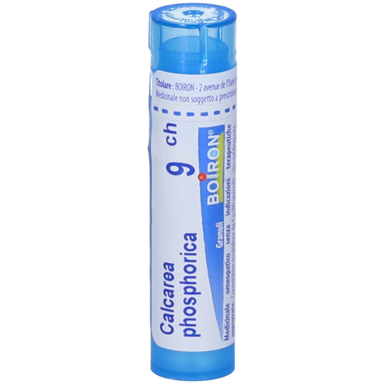 Confezione cilindrica blu. Scritta: Calcarea phosphorica 9 ch, BOIRON.
