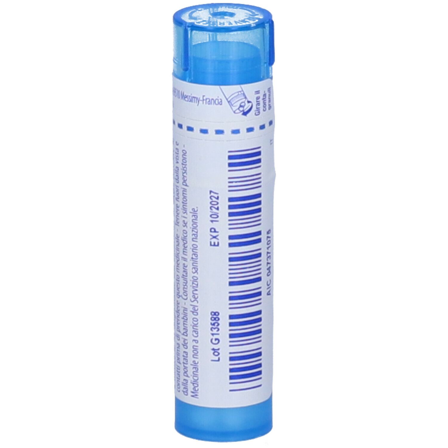 Confezione cilindrica blu. Etichetta con testo: EXP 10/2027, Lot G 13588.