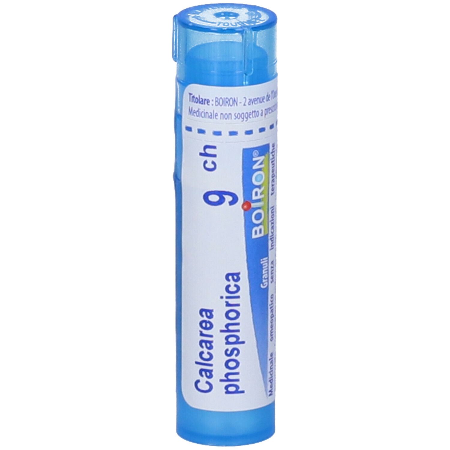 Confezione cilindrica blu. Scritta: Calcarea phosphorica 9 ch, BOIRON.