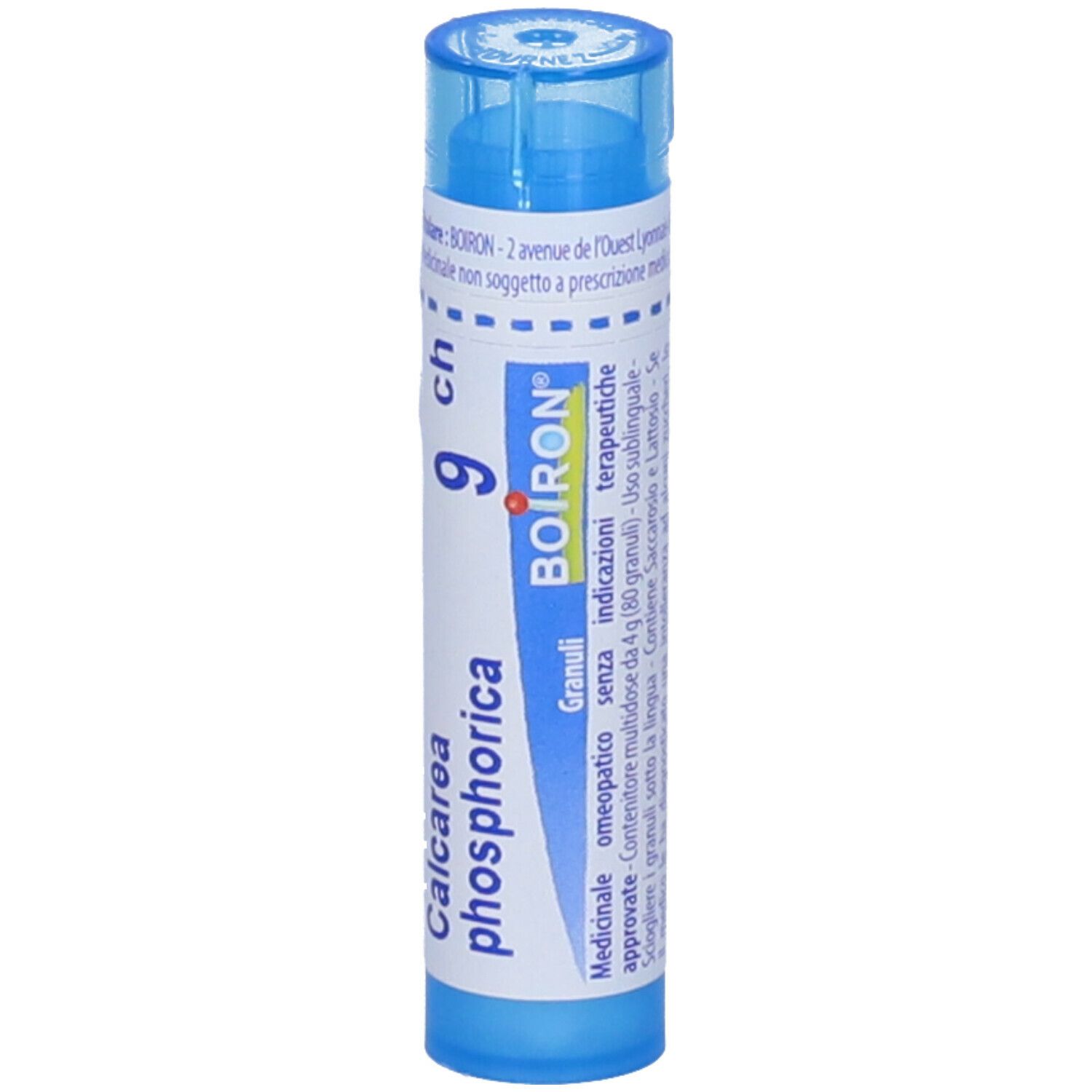 Confezione cilindrica blu. Scritta: Calcarea phosphorica 9 ch, BOIRON, Granuli.