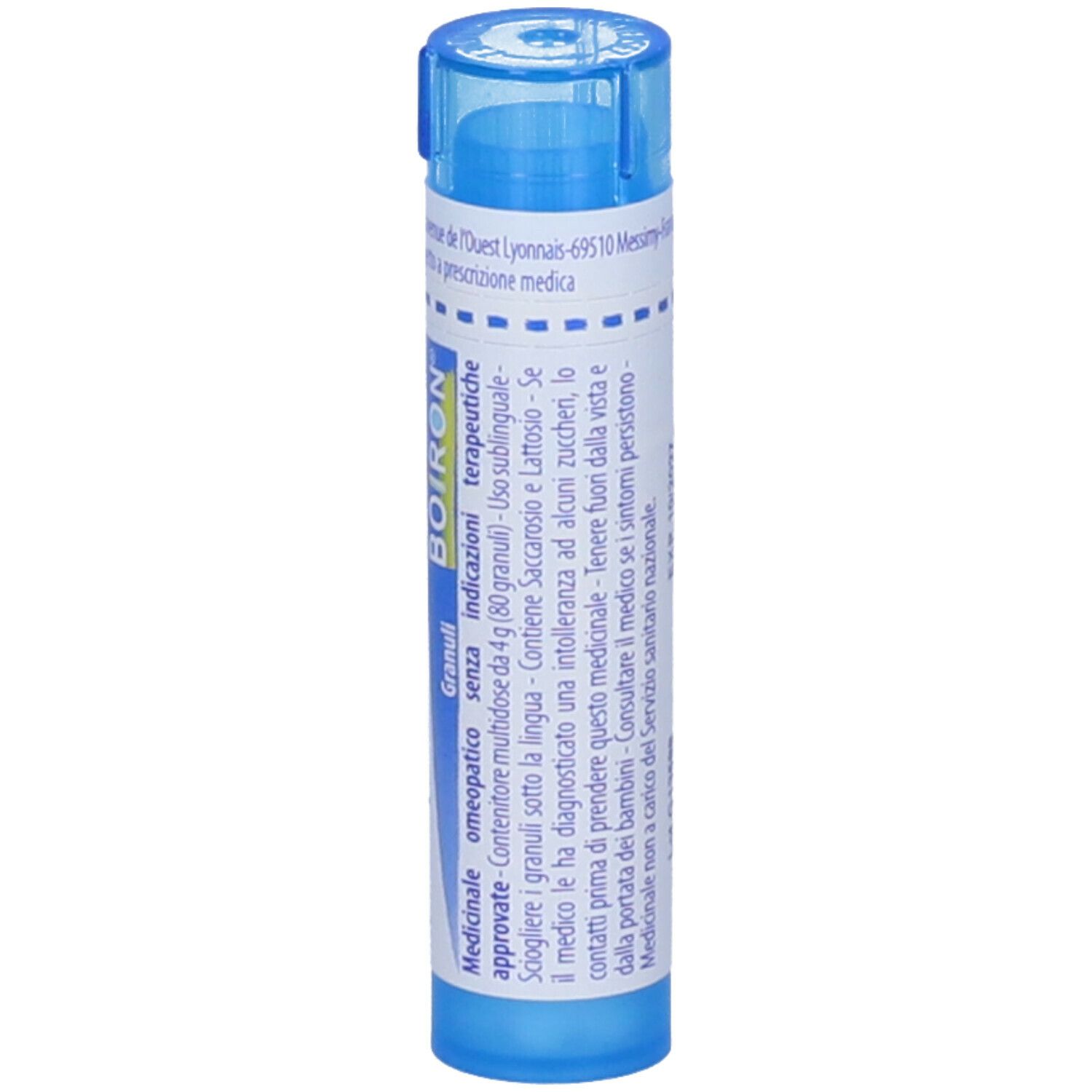 Confezione cilindrica blu. Scritta: BOIRON, Granuli, Medicinale.