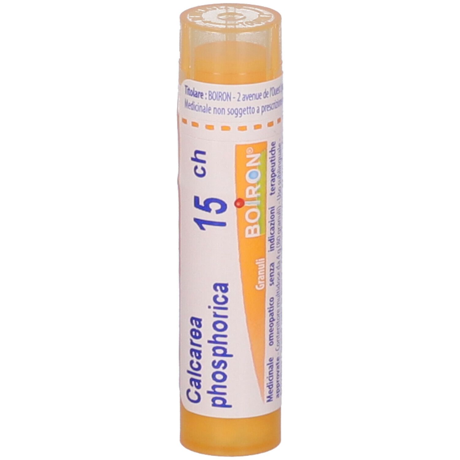 Confezione cilindrica gialla con testo bianco. Mostra "Calcarea phosphorica 15 ch" e il logo BOIRON.