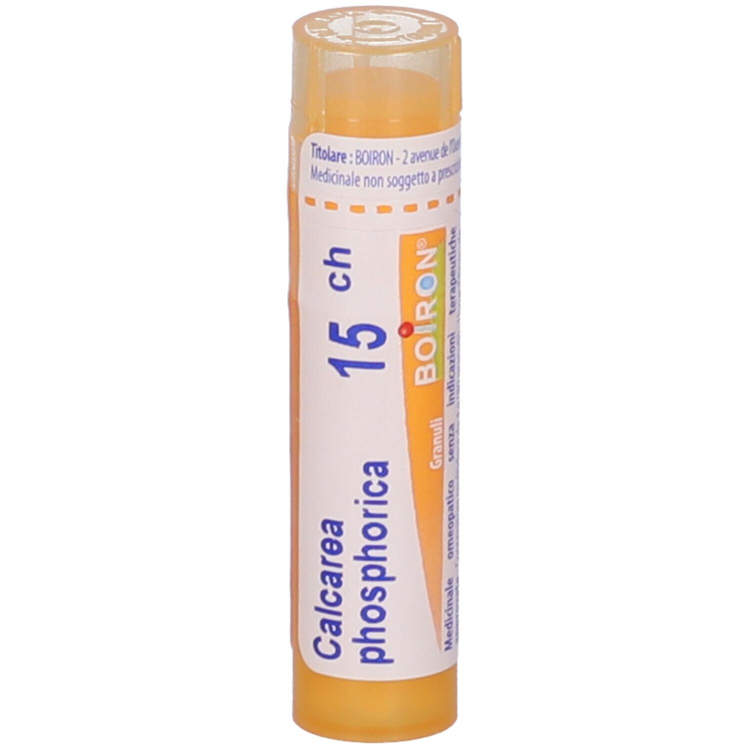 Confezione cilindrica gialla con testo bianco. Mostra "Calcarea phosphorica 15 ch" e il logo BOIRON.