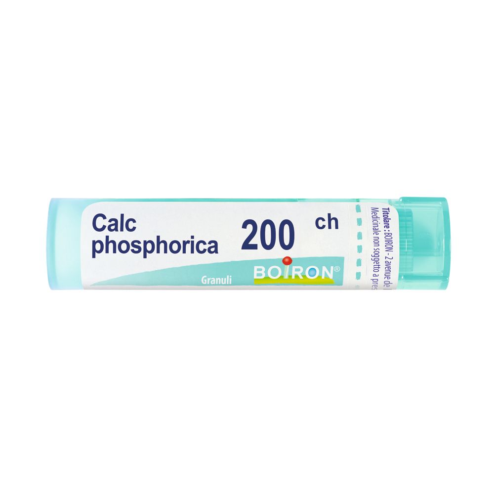 Confezione cilindrica con tappo blu. Scritta: Calc phosphorica 200 ch, BOIRON. Granuli.