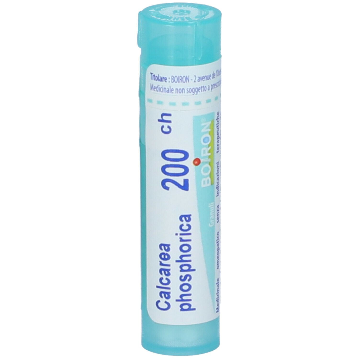 Tubo cilindrico azzurro con scritta bianca. Scritta: Calcarea phosphorica 200 ch, BOIRON.